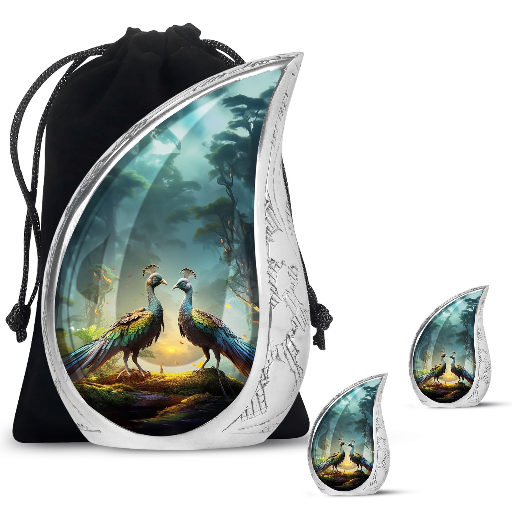 Teardrop Shape Peacock Urn Large Urn With 2 Keepsake Urn