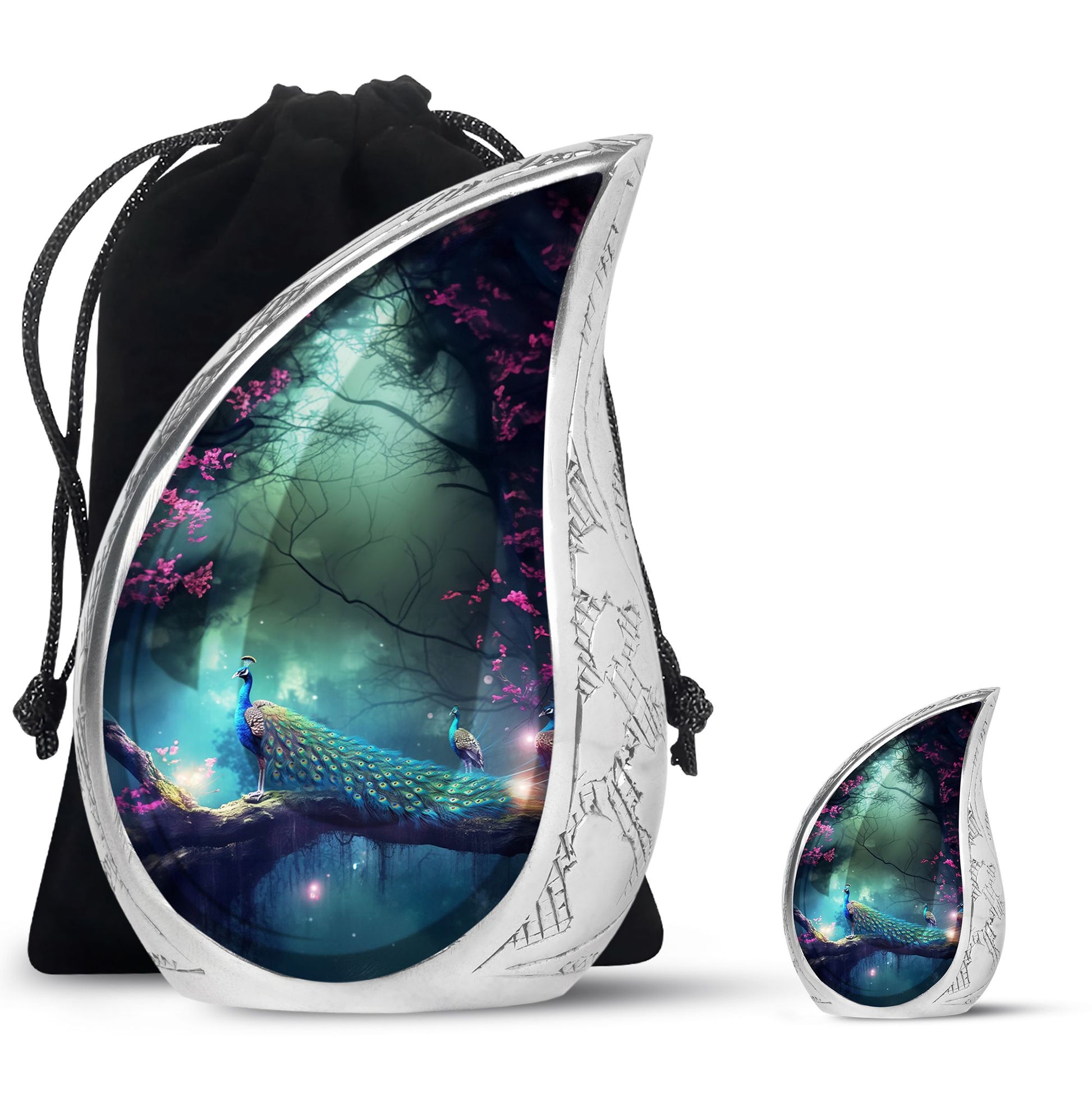 Teardrop Shape Peacock Urn Large Urn With 1 Keepsake Urn