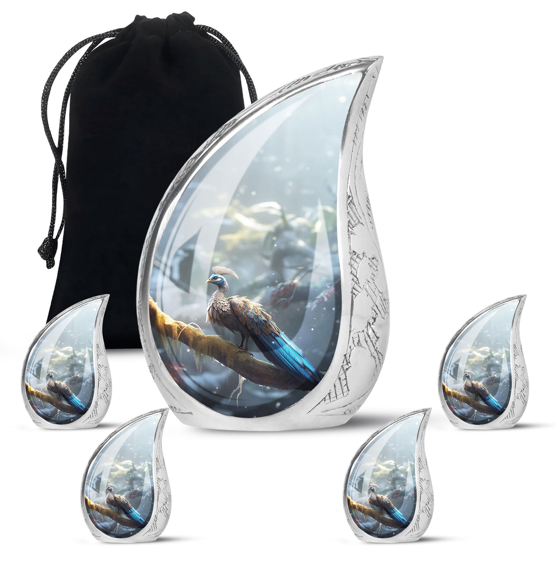 Teardrop Shape Peacock Urn Large Urn With 4 Keepsake Urn