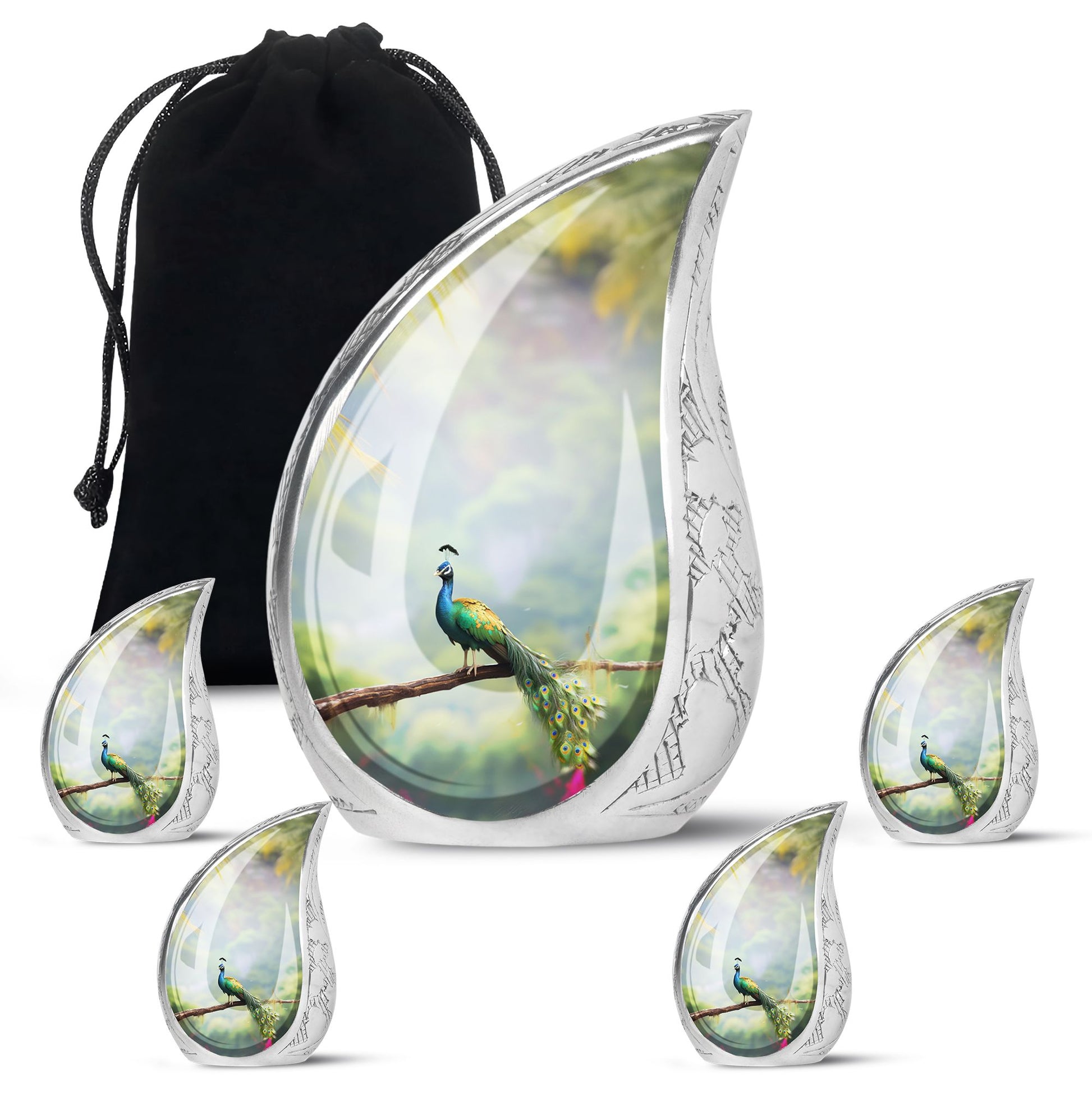 Teardrop Shape Peacock Urn Large Urn With 4 Keepsake Urn