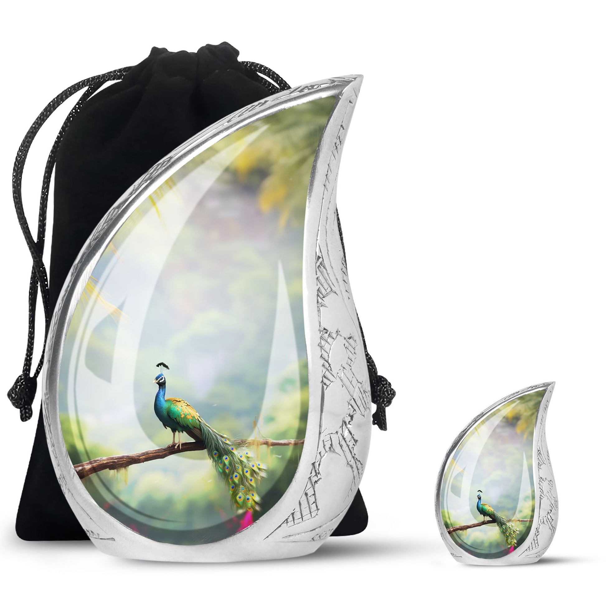 Teardrop Shape Peacock Urn Large Urn With 1 Keepsake Urn