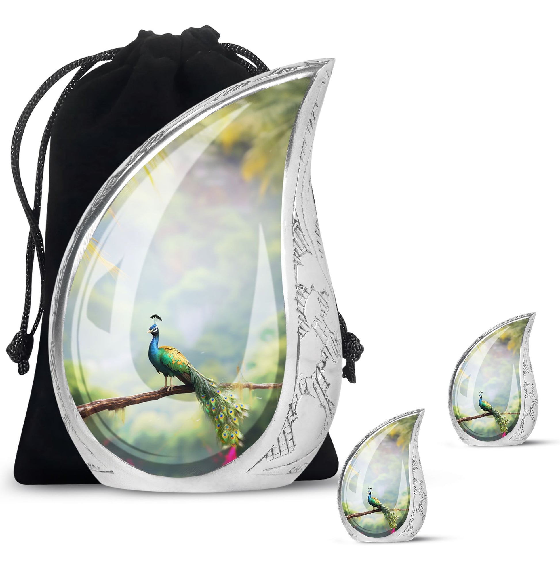 Teardrop Shape Peacock Urn Large Urn With 2 Keepsake Urn