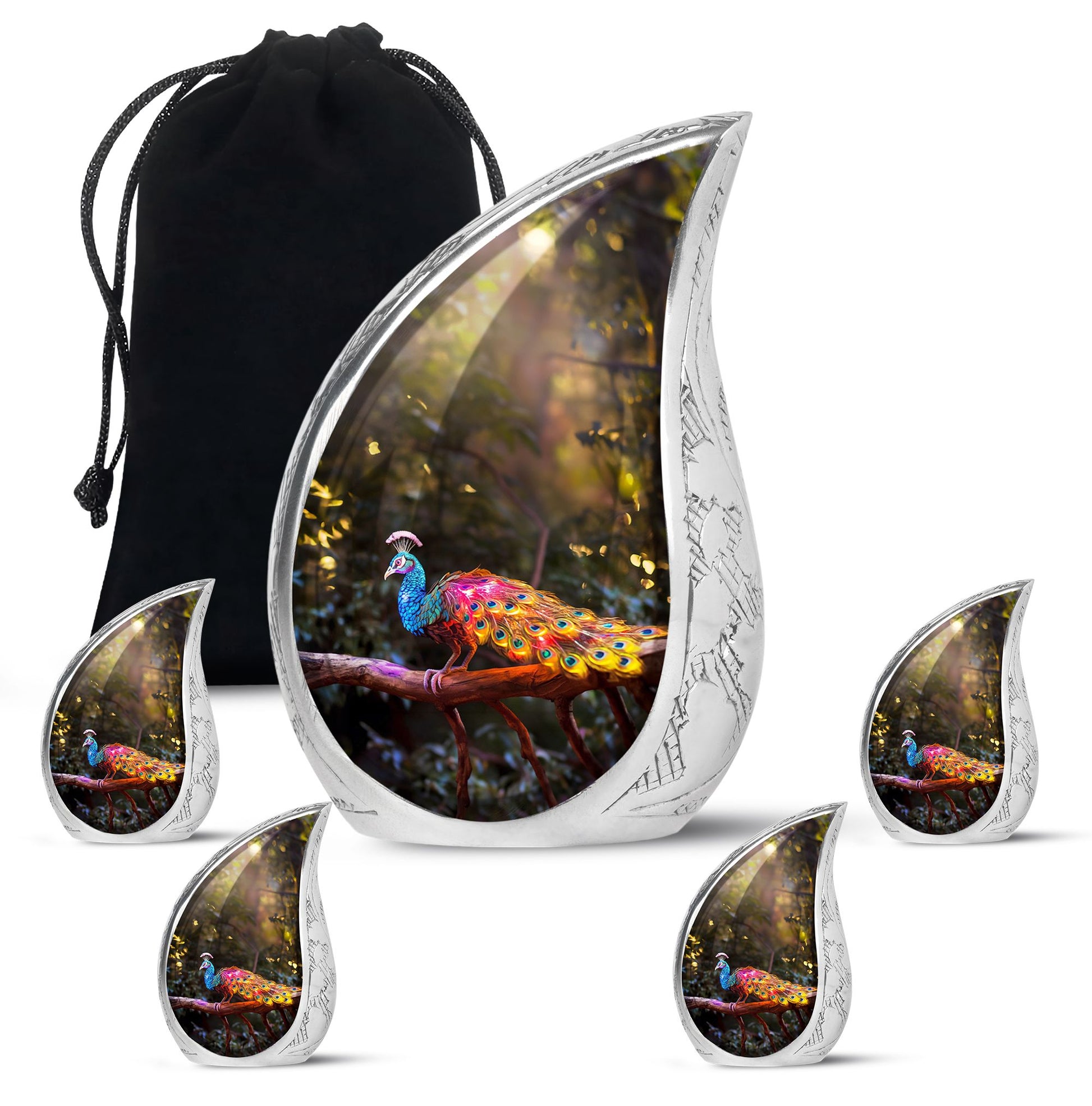Teardrop Shape Peacock Urn Large Urn With 4 Keepsake Urn