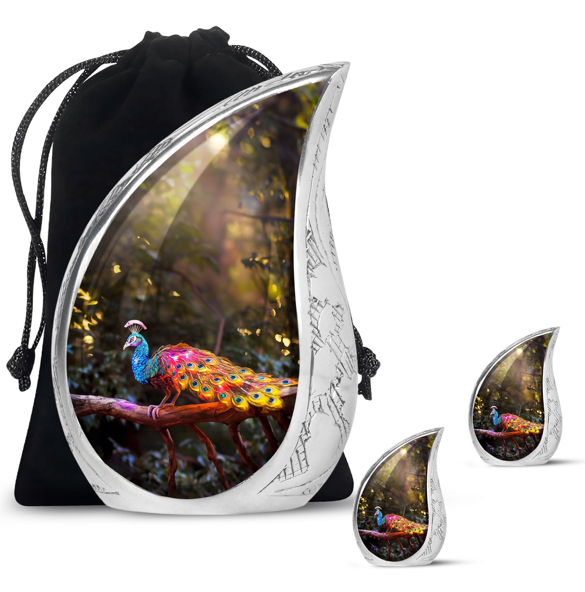 Teardrop Shape Peacock Urn Large Urn With 2 Keepsake Urn