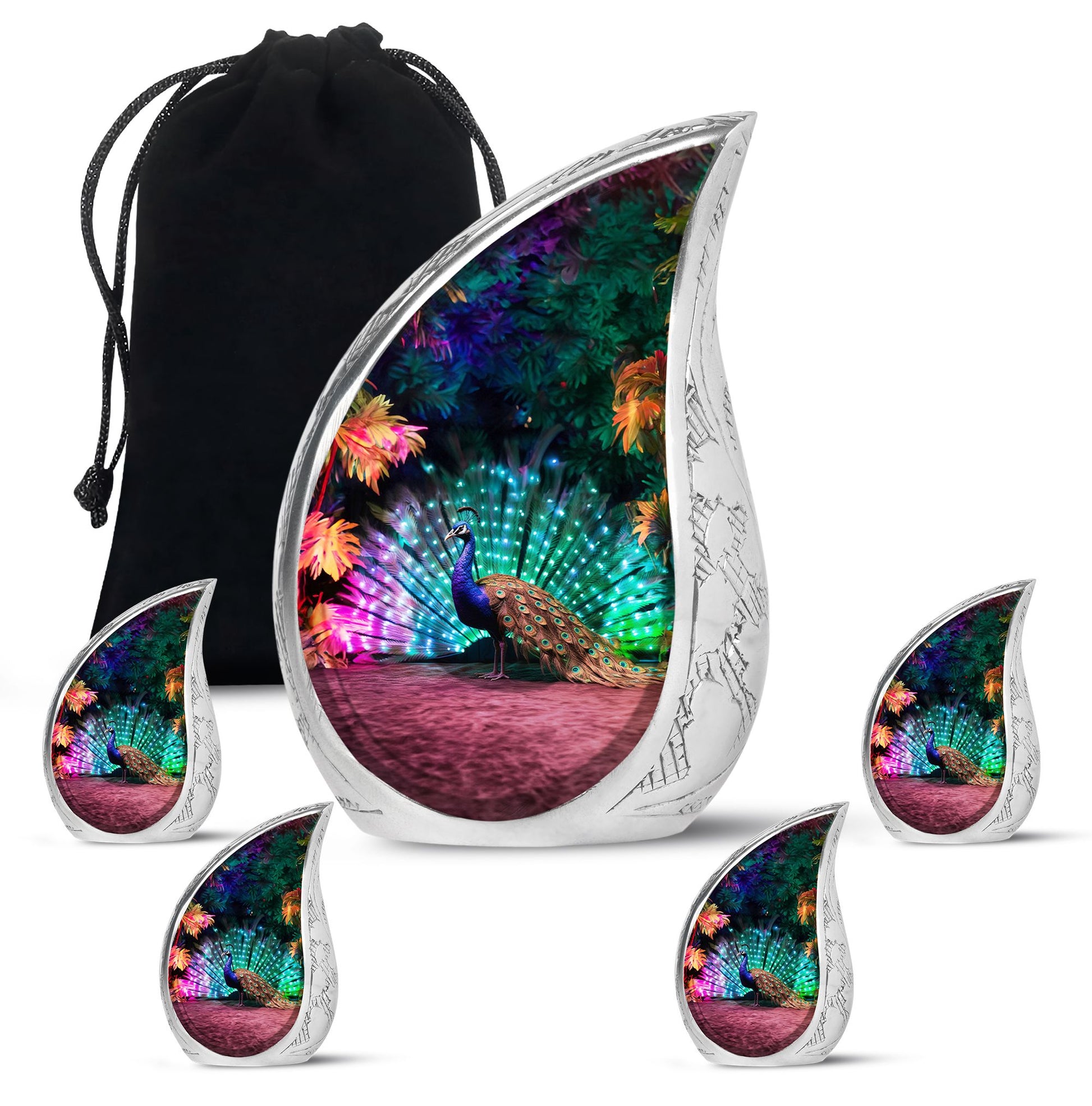 Teardrop Shape Peacock Urn Large Urn With 4 Keepsake Urn