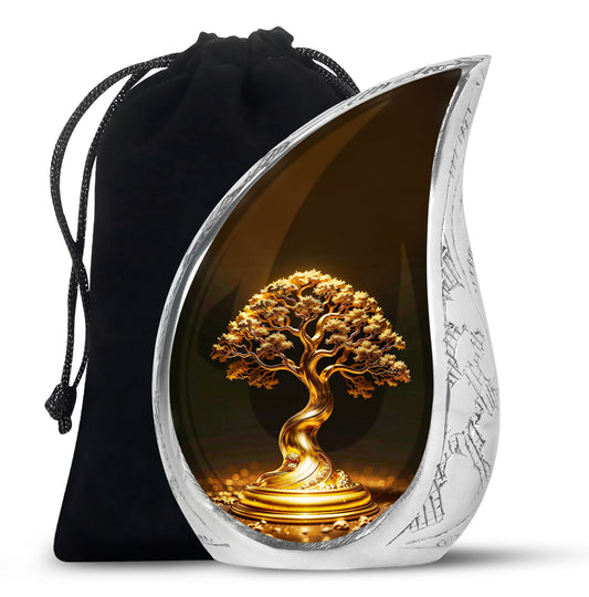 Teardrop Shaped Golden Tree Urn Large Urn 10 Inch
