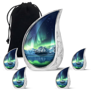 Teardrop Shape Aurora Borealis Urn Large Urn With 4 Keepsake Urn