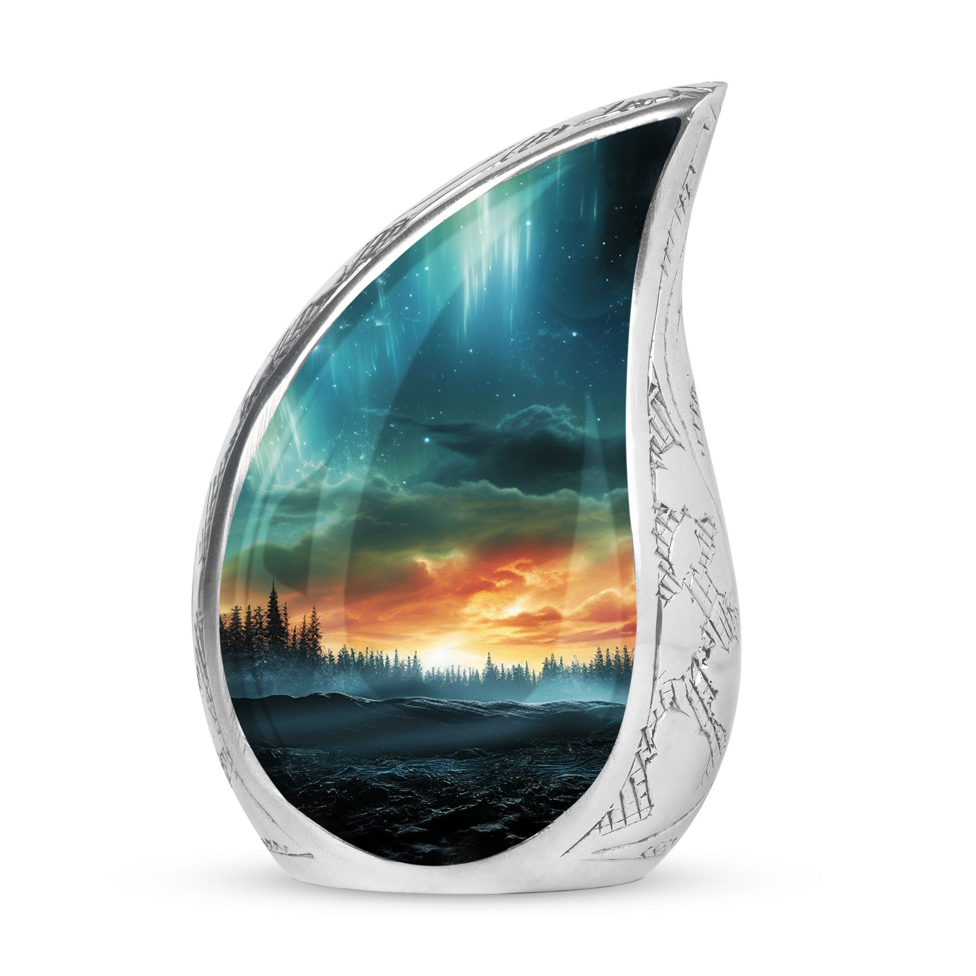 The Forest's Luminous Veil - Northern Lights Teardrop, Heart Shape Urn