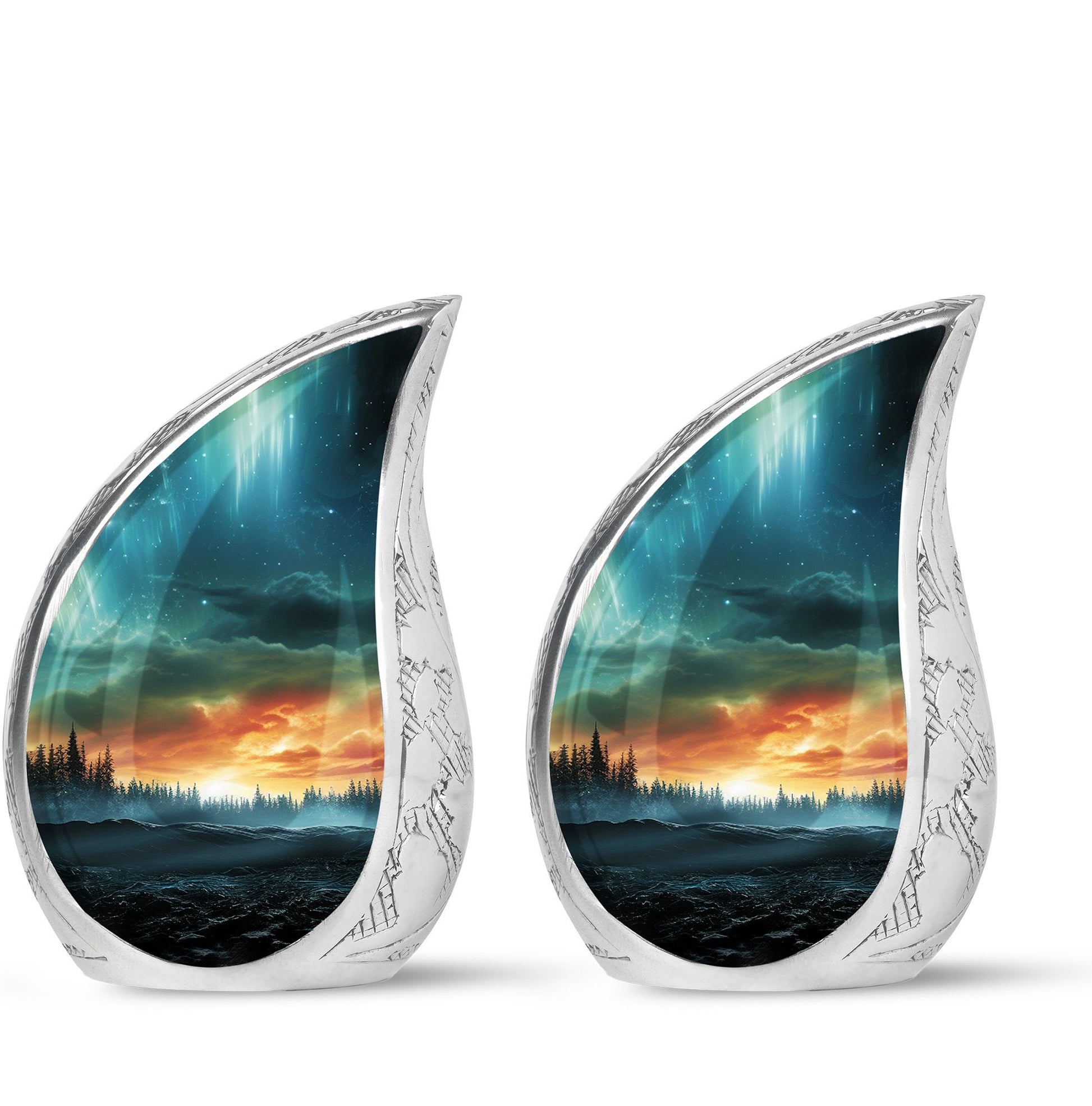 The Forest's Luminous Veil - Northern Lights Teardrop, Heart Shape Urn