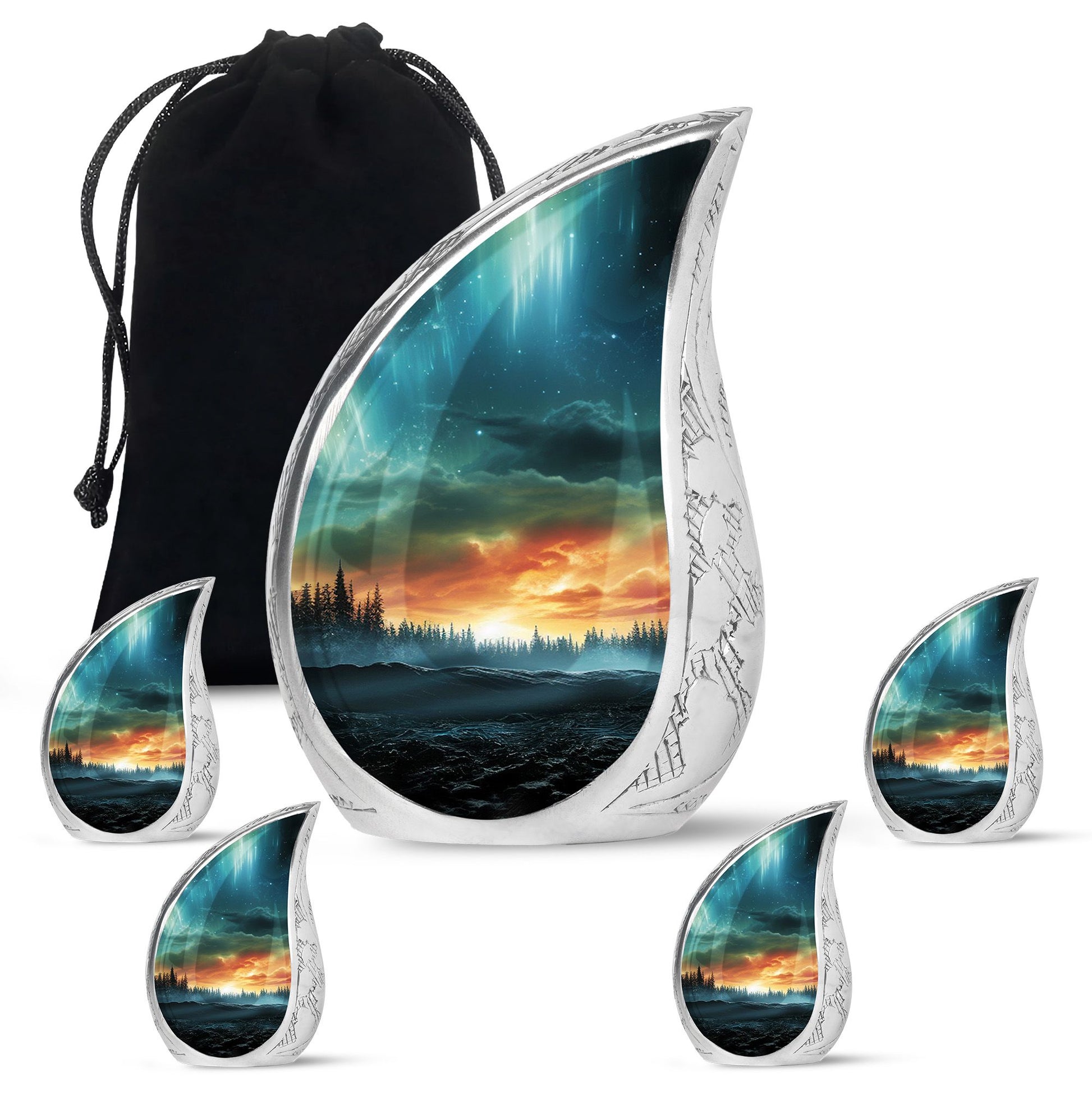 The Forest's Luminous Veil - Northern Lights Teardrop, Heart Shape Urn