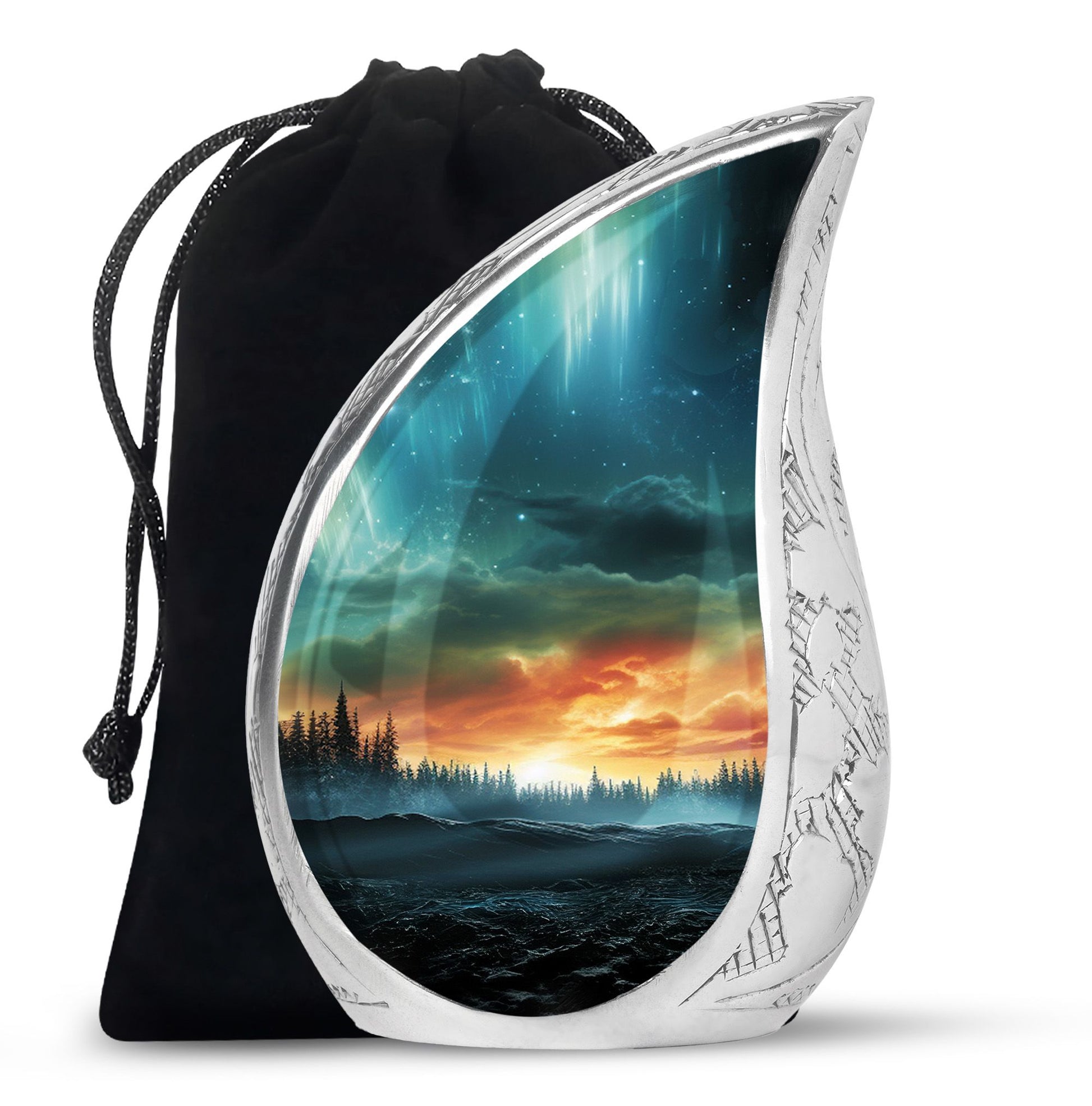 The Forest's Luminous Veil - Northern Lights Teardrop, Heart Shape Urn