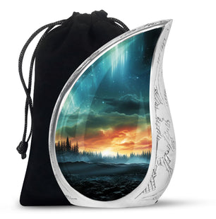 The Forest's Luminous Veil - Northern Lights Teardrop, Heart Shape Urn