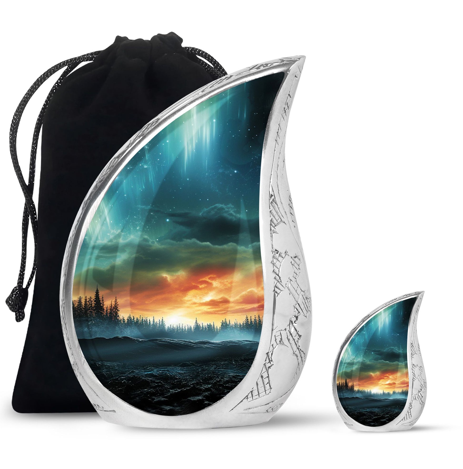 The Forest's Luminous Veil - Northern Lights Teardrop, Heart Shape Urn