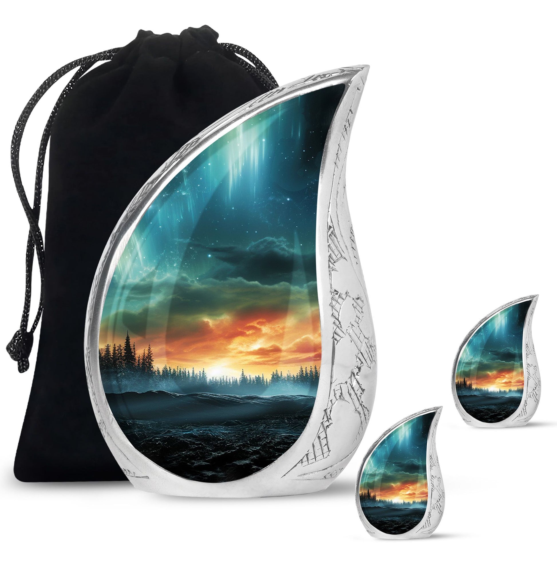 The Forest's Luminous Veil - Northern Lights Teardrop, Heart Shape Urn