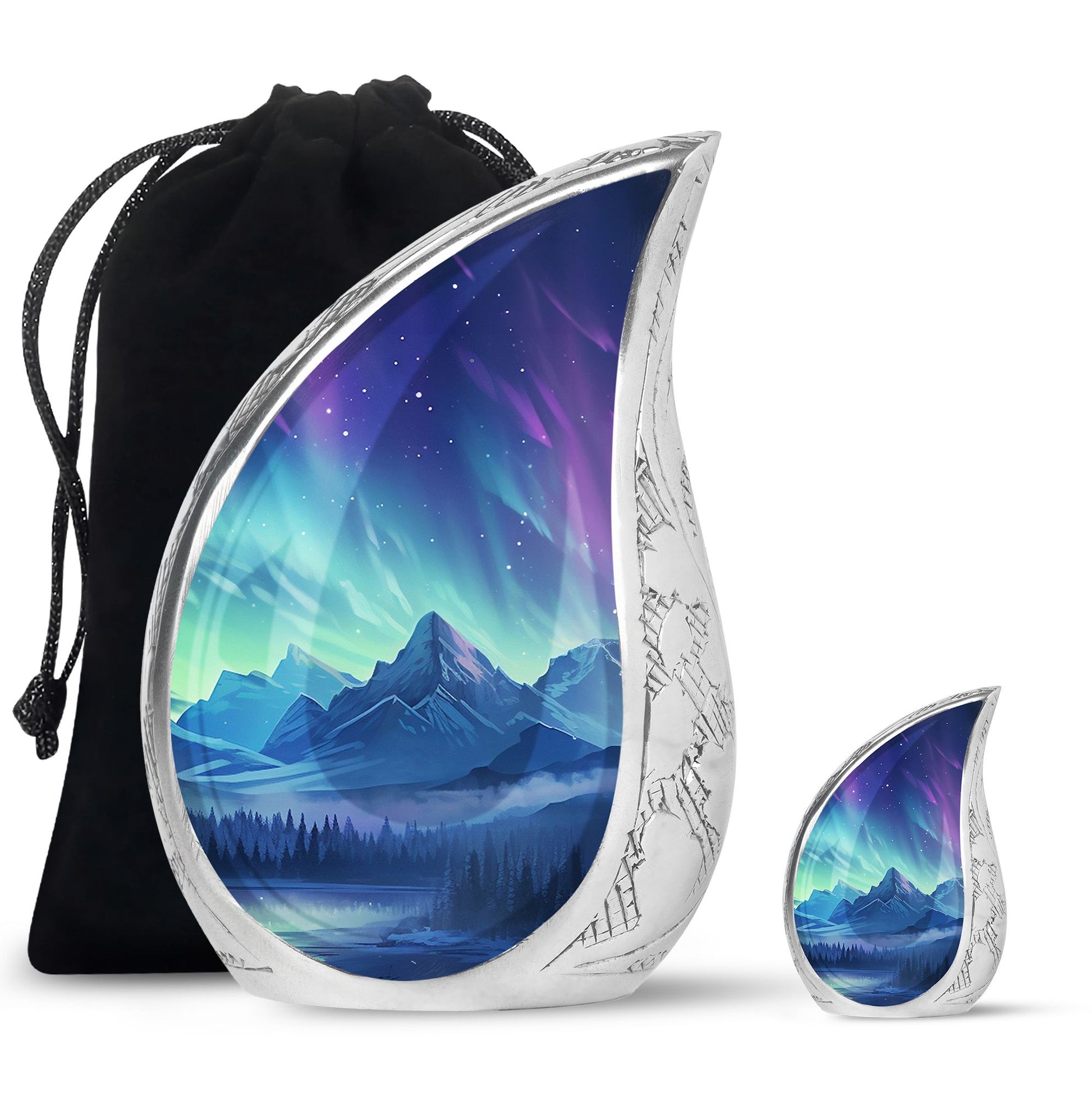 Mountain Lake - Northern Lights Teardrop, Heart Shape Urn