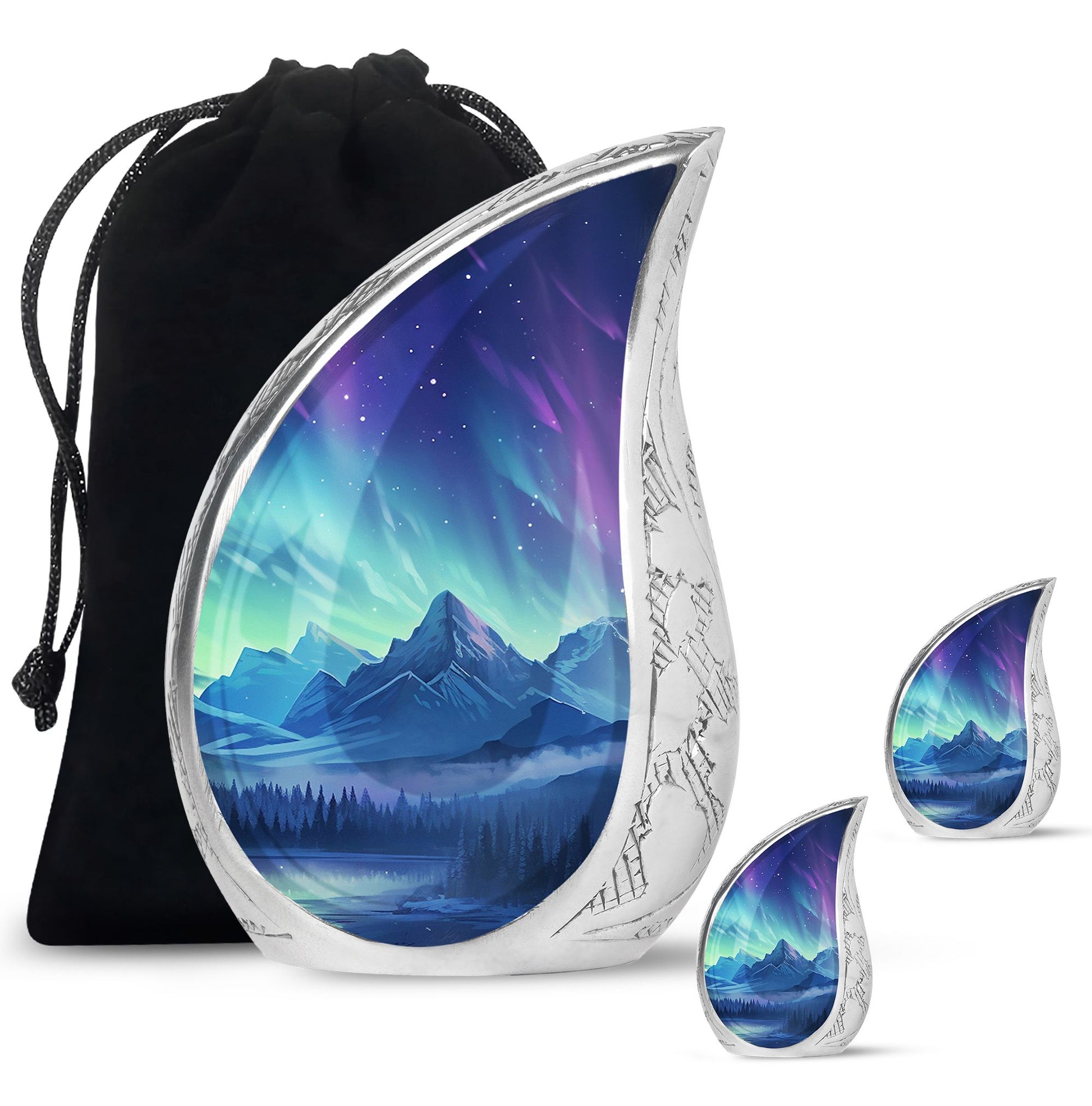 Mountain Lake - Northern Lights Teardrop, Heart Shape Urn