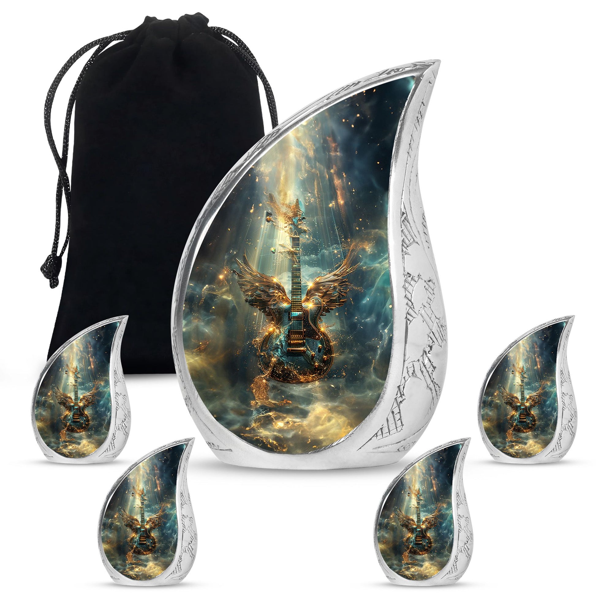 Guitar Theme Large Urn With 4 Keepsake Urn