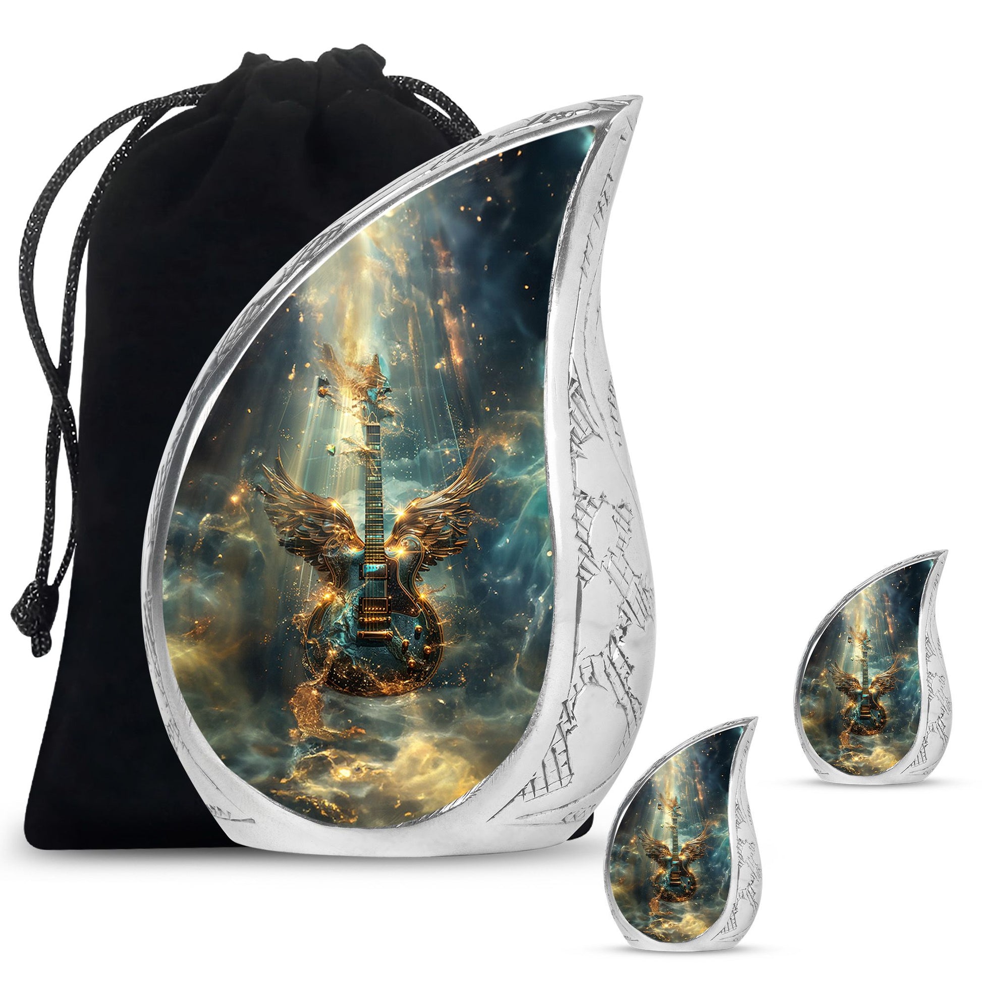 Guitar Theme Large Urn With 2 Keepsake Urn