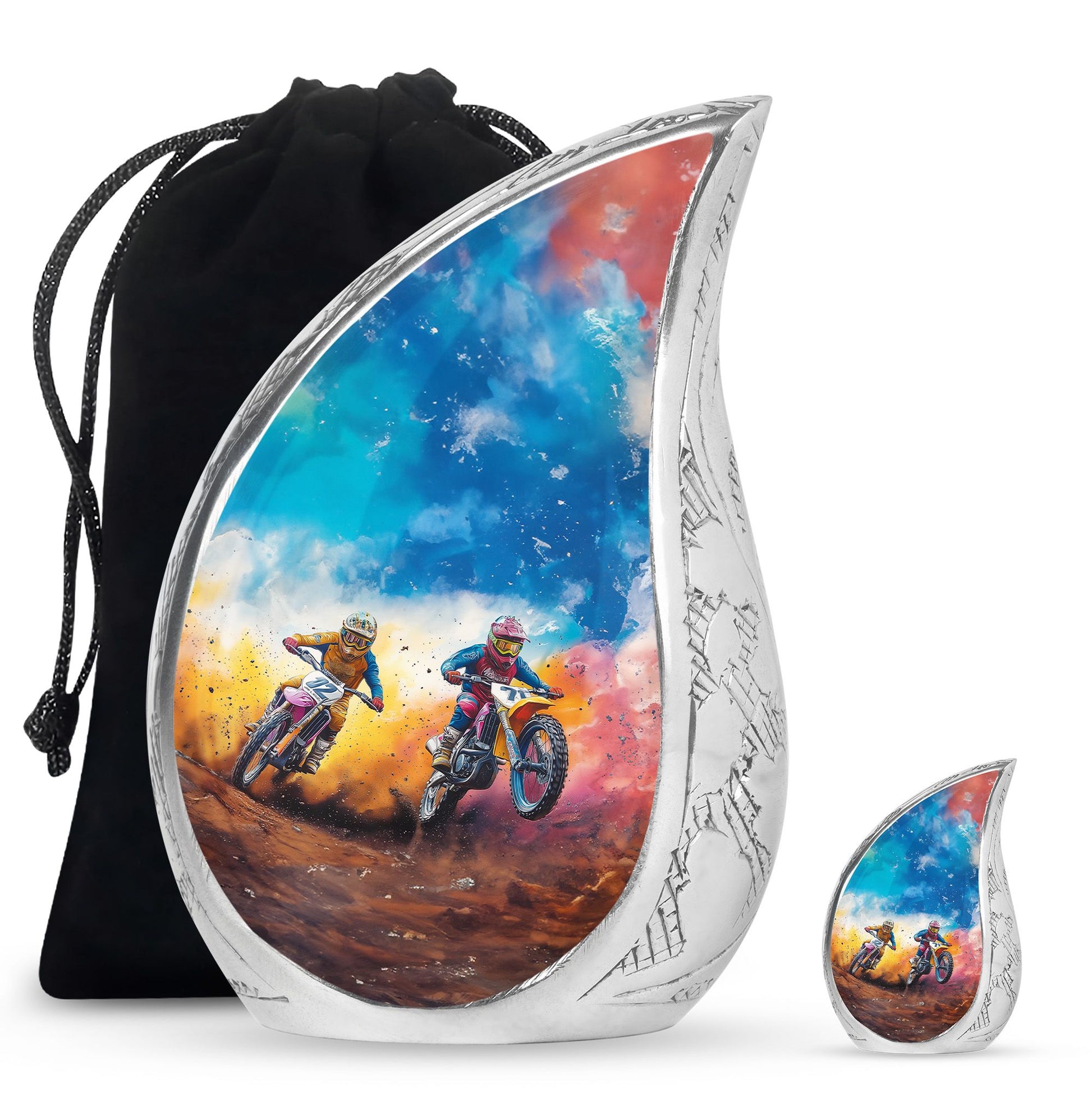 Motorbike Race Theme Large Urn With 1 Keepsake Urn