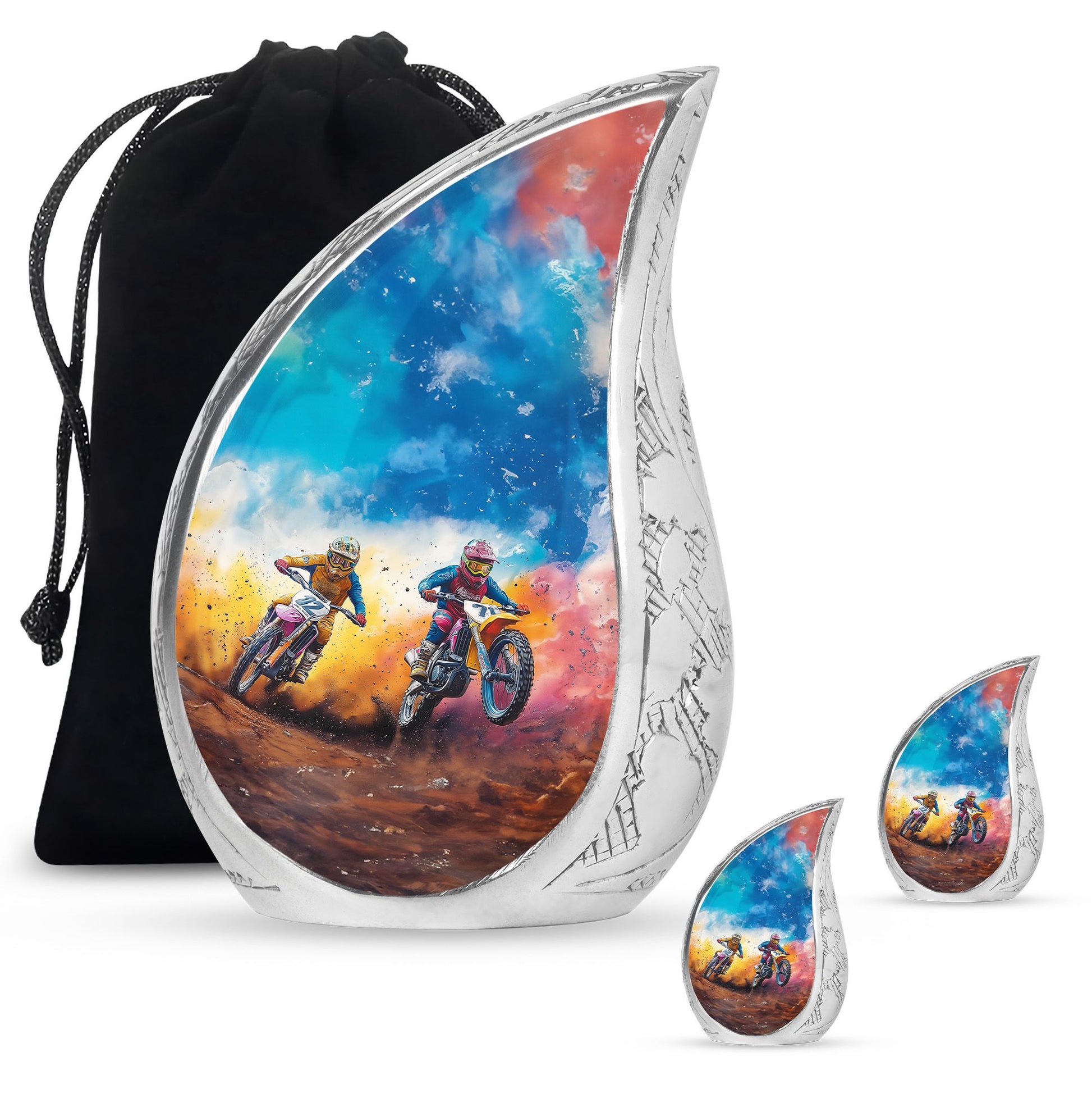 Motorbike Race Theme Large Urn With 2 Keepsake Urn