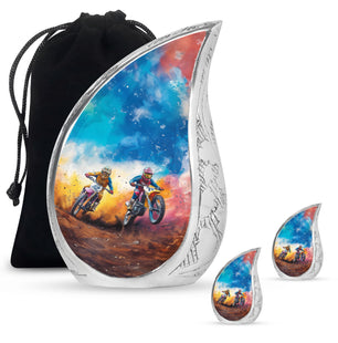 Motorbike Race Theme Large Urn With 2 Keepsake Urn