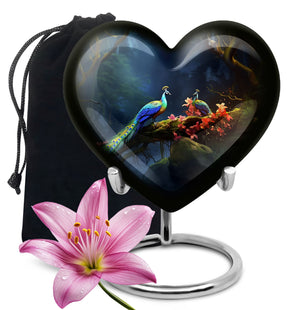 Peacock Due Face Off In Forest - Peacock Urn Teardrop Cremation Urn
