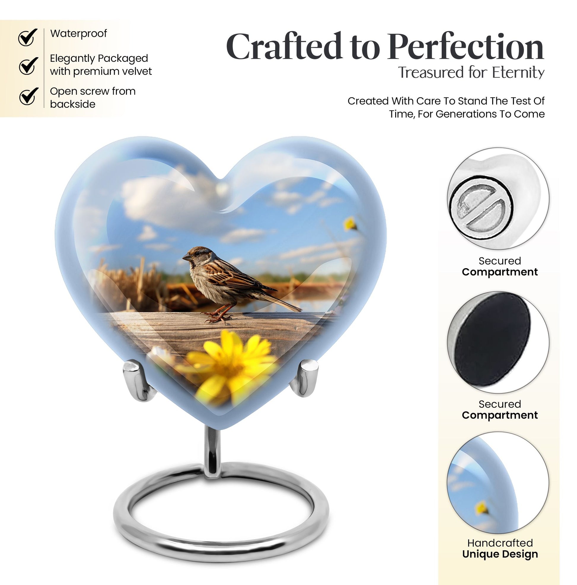 Heart Shape Sparrow Urn Keepsake 3 Inch