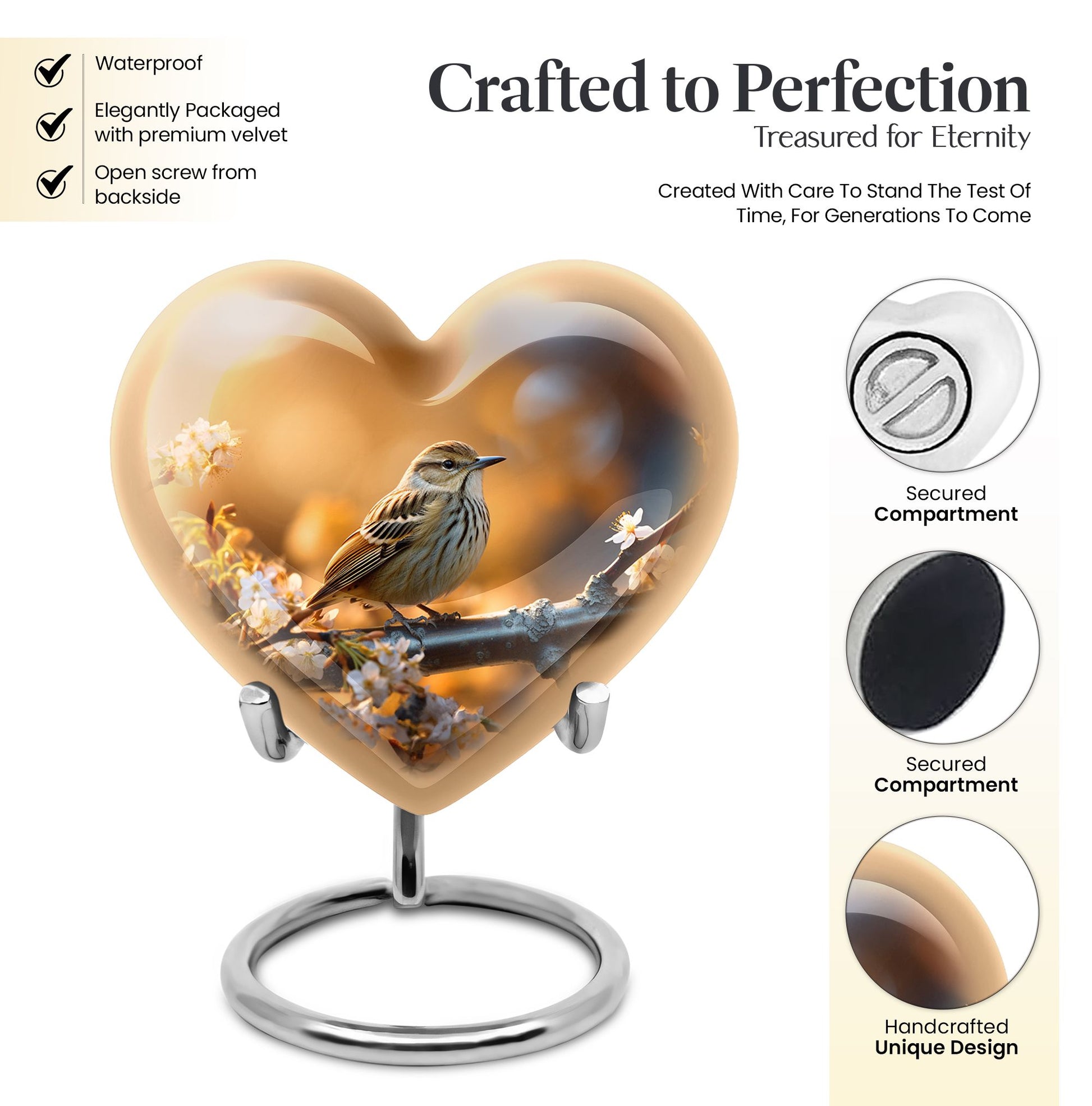 Heart Shape Sparrow Urn Keepsake 3 Inch