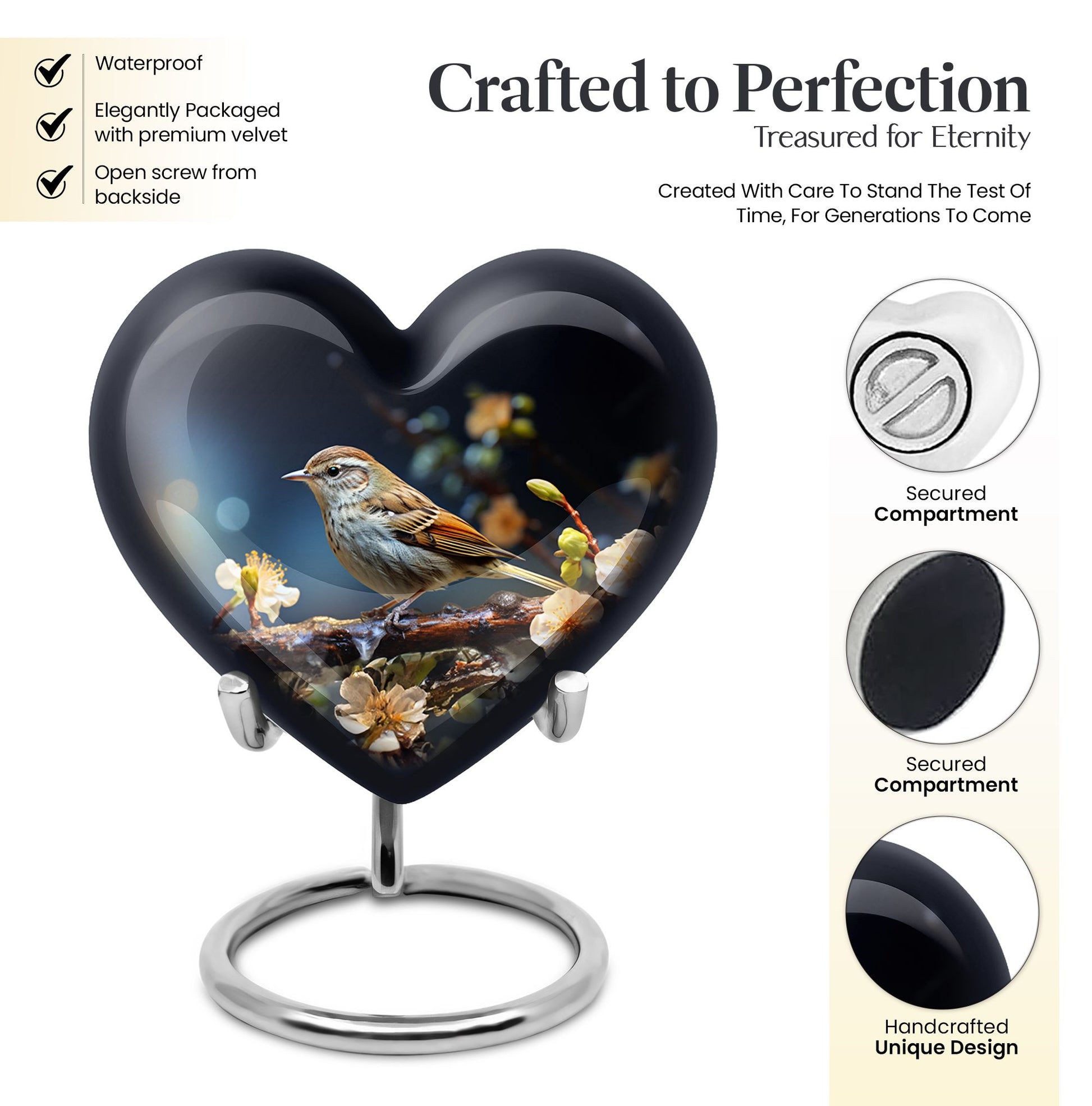 Heart Shape Sparrow Urn Keepsake 3 Inch
