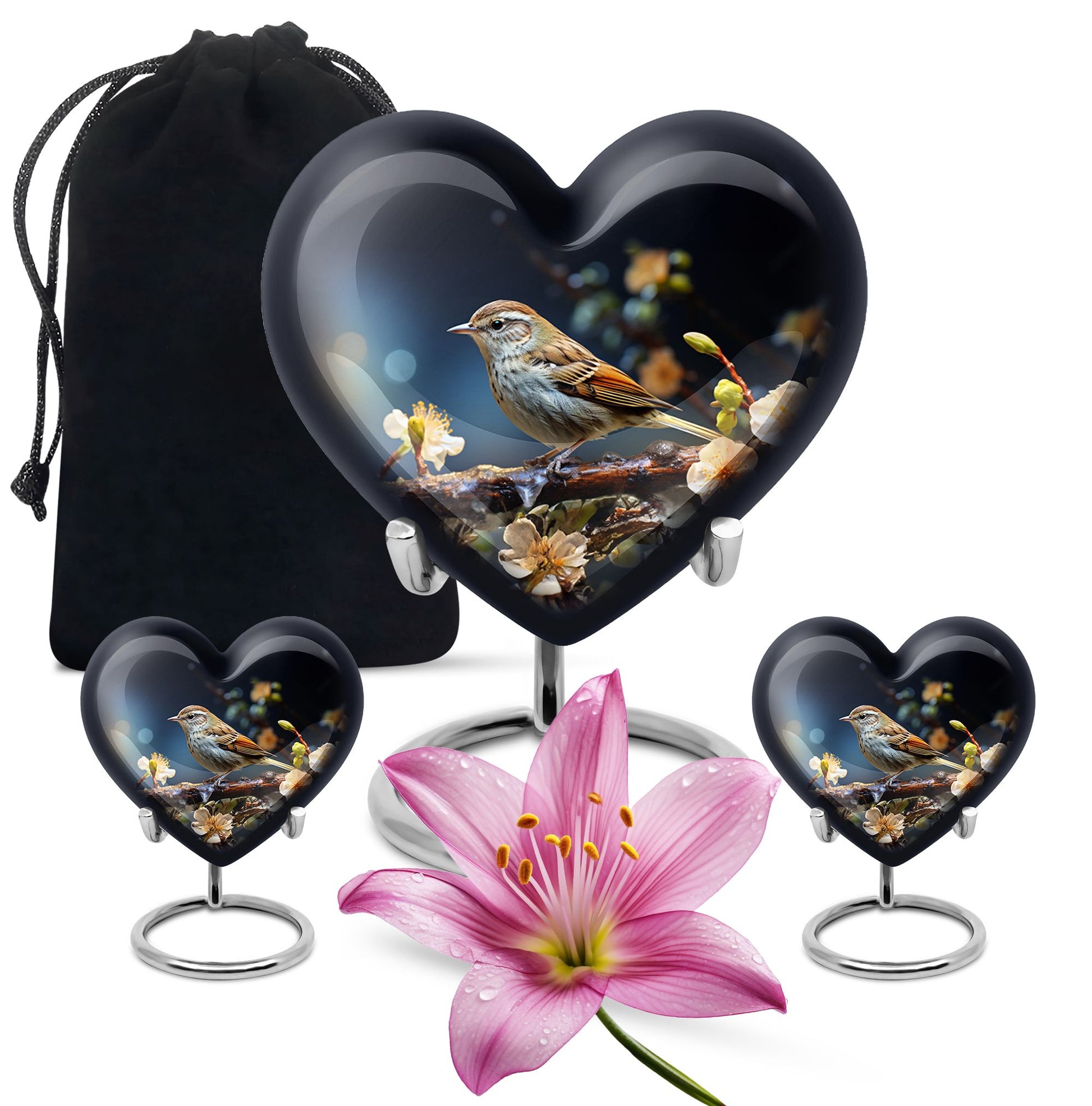 Heart Shape Sparrow Urn Large Urn With 2 Keepsake Urn