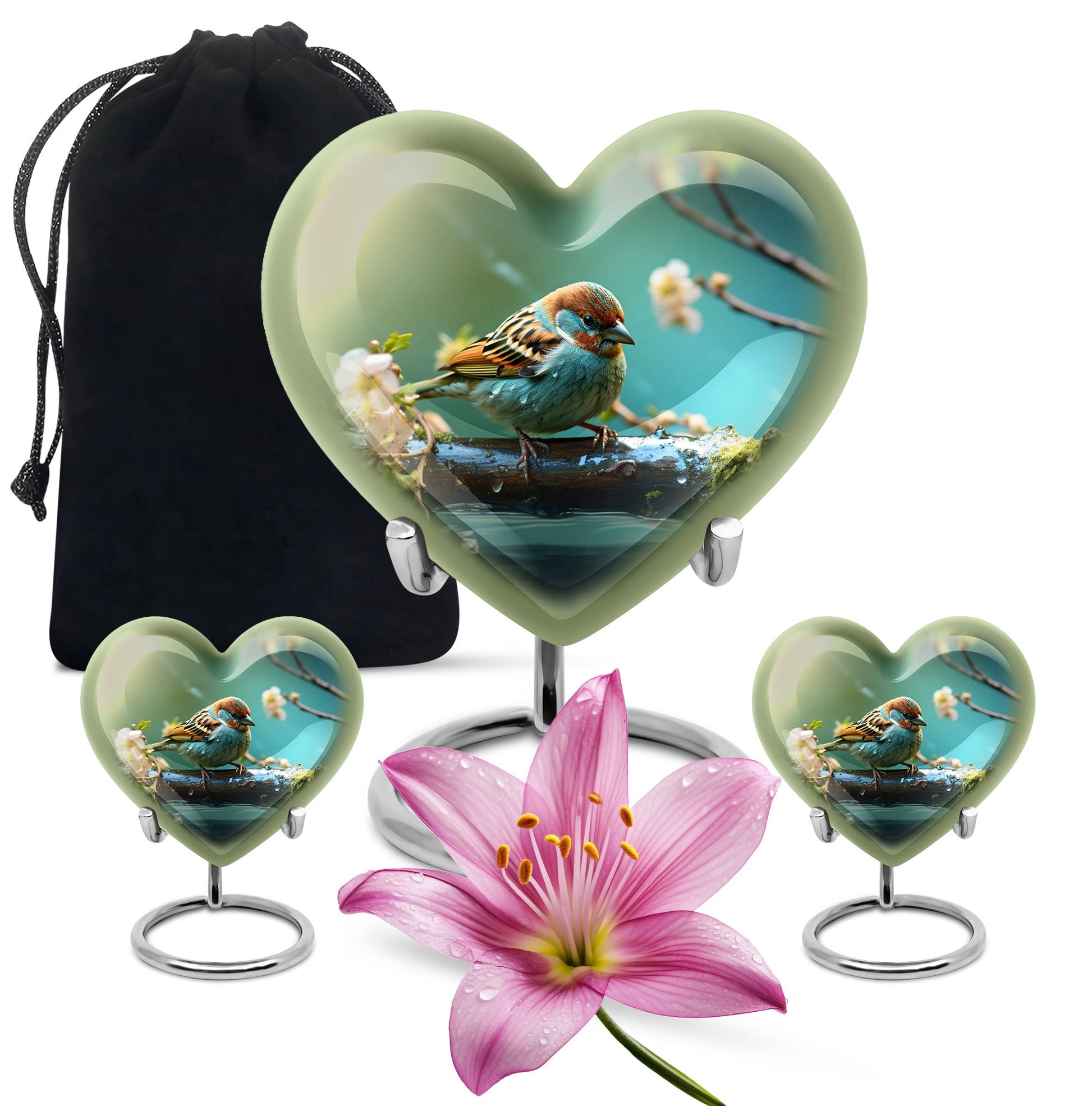 Heart Shape Sparrow Urn Large Urn With 2 Keepsake Urn
