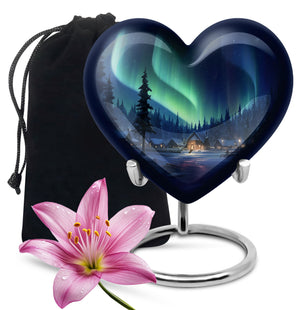 Aurora Borealiss Above The Snowy Village Teardrop, Heart Cremation Urn