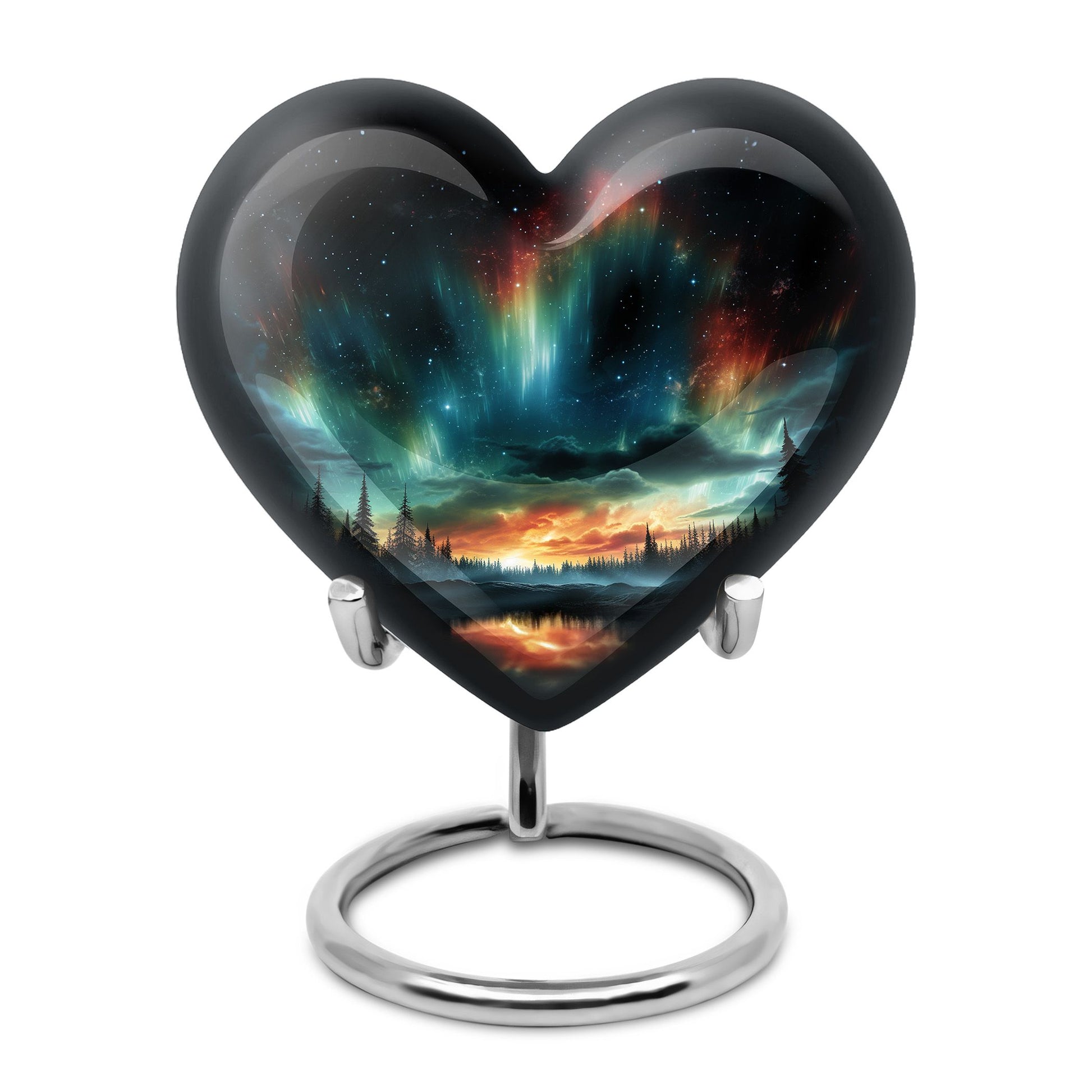The Forest's Luminous Veil - Northern Lights Teardrop, Heart Shape Urn