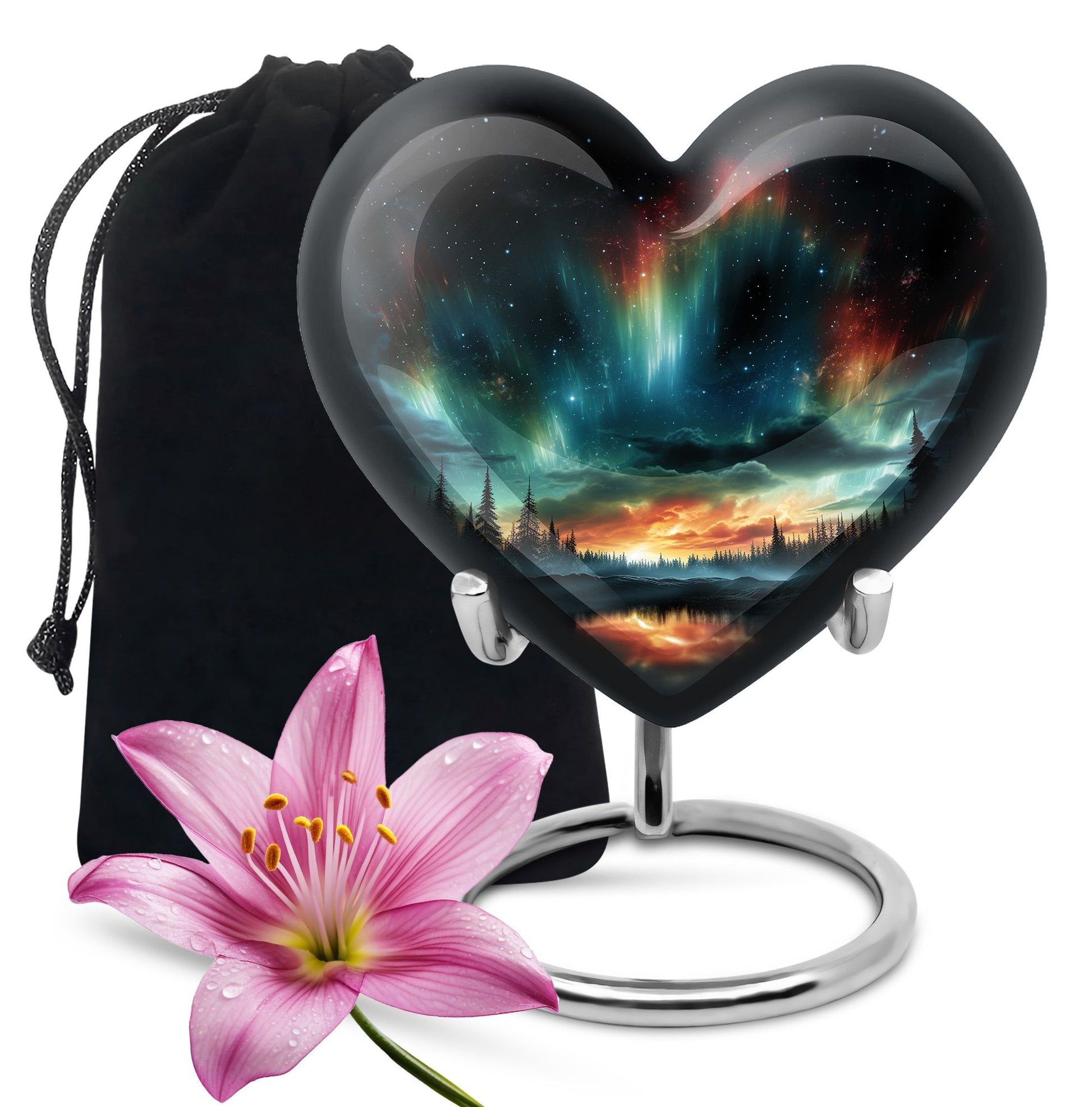 The Forest's Luminous Veil - Northern Lights Teardrop, Heart Shape Urn