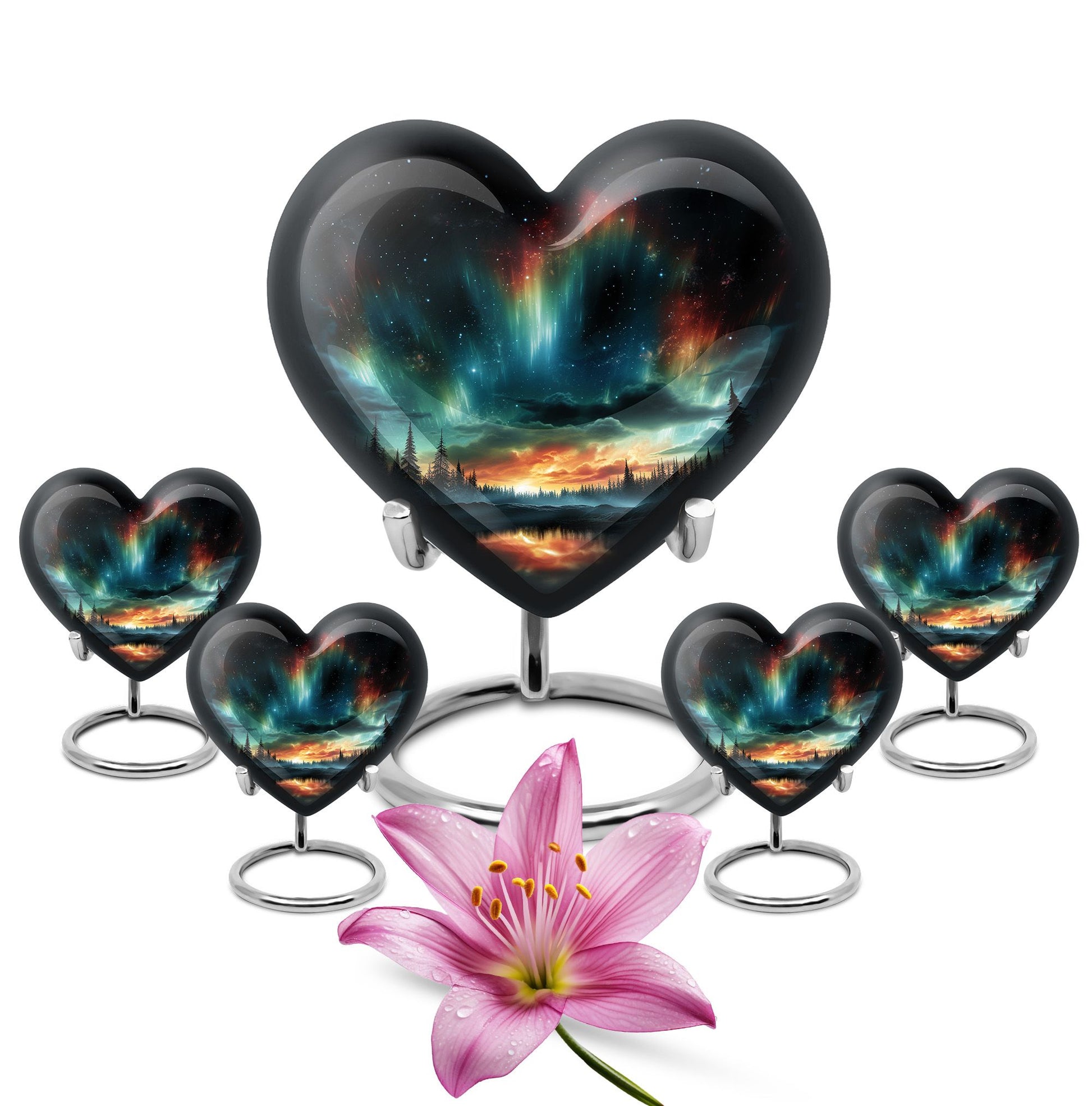 The Forest's Luminous Veil - Northern Lights Teardrop, Heart Shape Urn