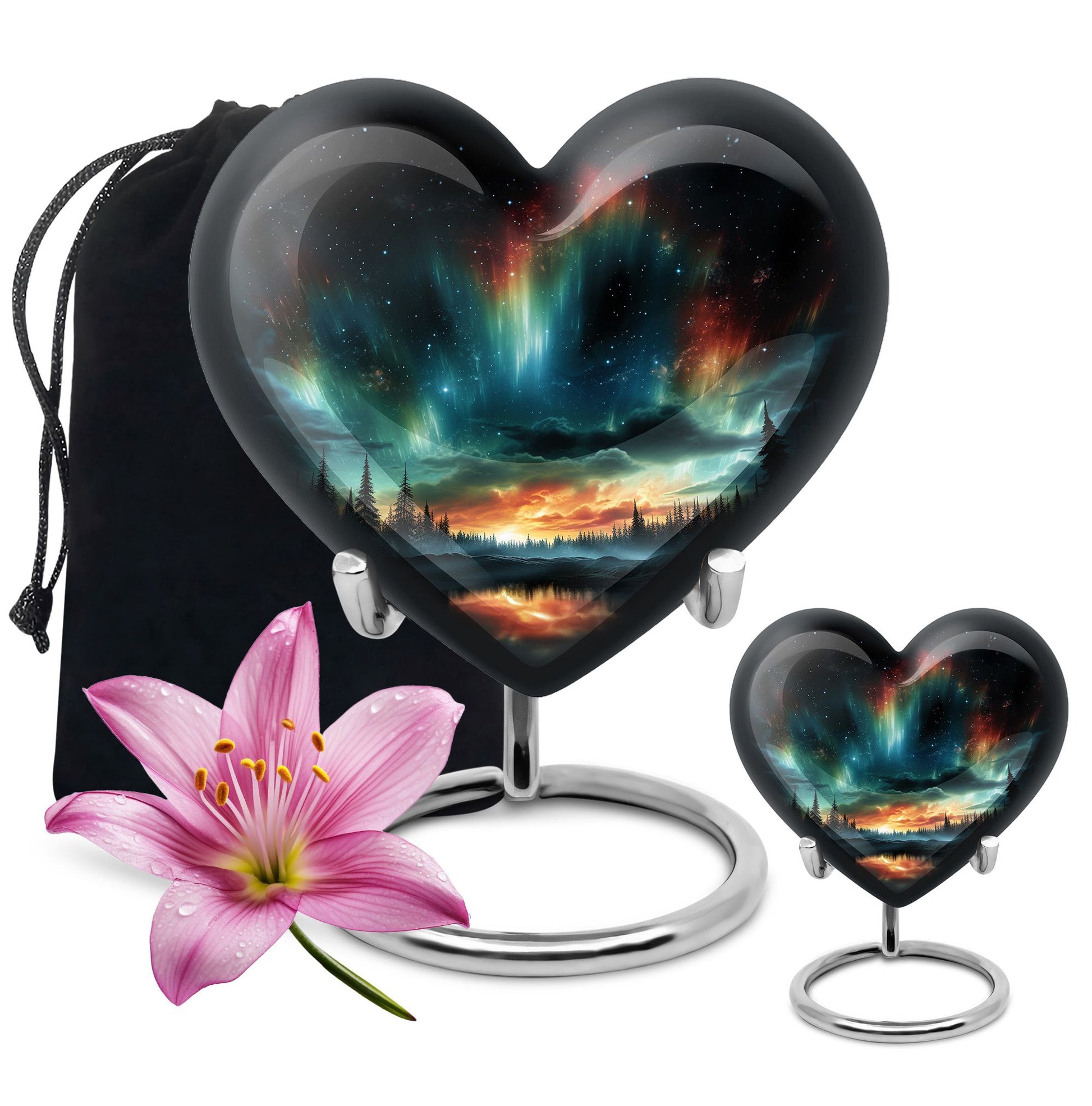 The Forest's Luminous Veil - Northern Lights Teardrop, Heart Shape Urn