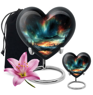 The Forest's Luminous Veil - Northern Lights Teardrop, Heart Shape Urn