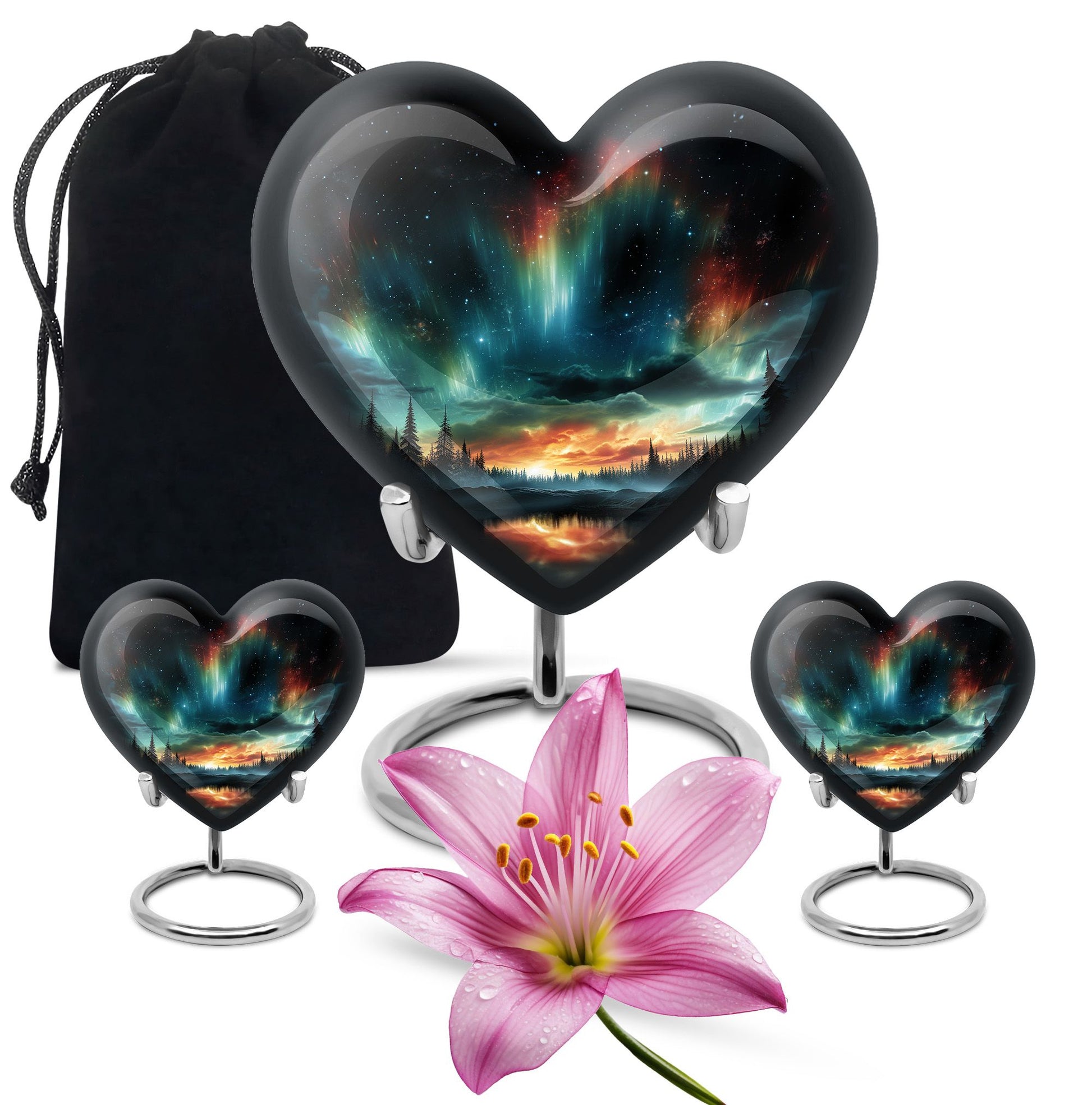 The Forest's Luminous Veil - Northern Lights Teardrop, Heart Shape Urn