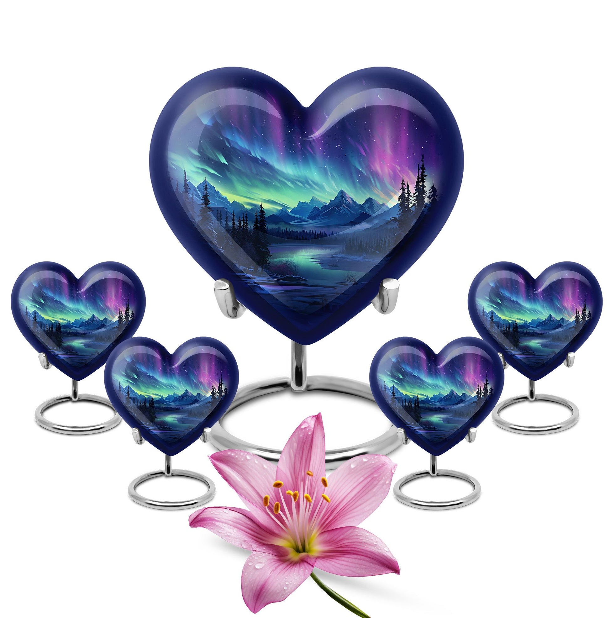Mountain Lake - Northern Lights Teardrop, Heart Shape Urn