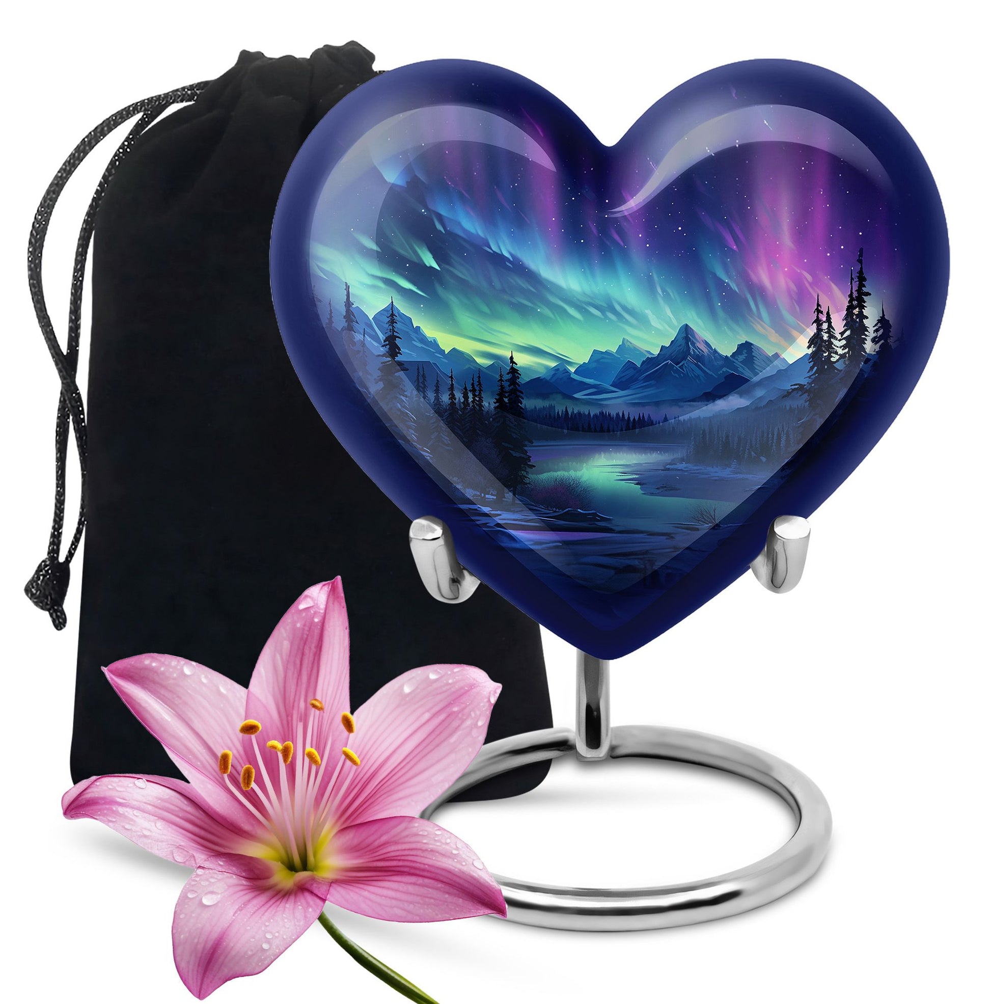 Mountain Lake - Northern Lights Teardrop, Heart Shape Urn