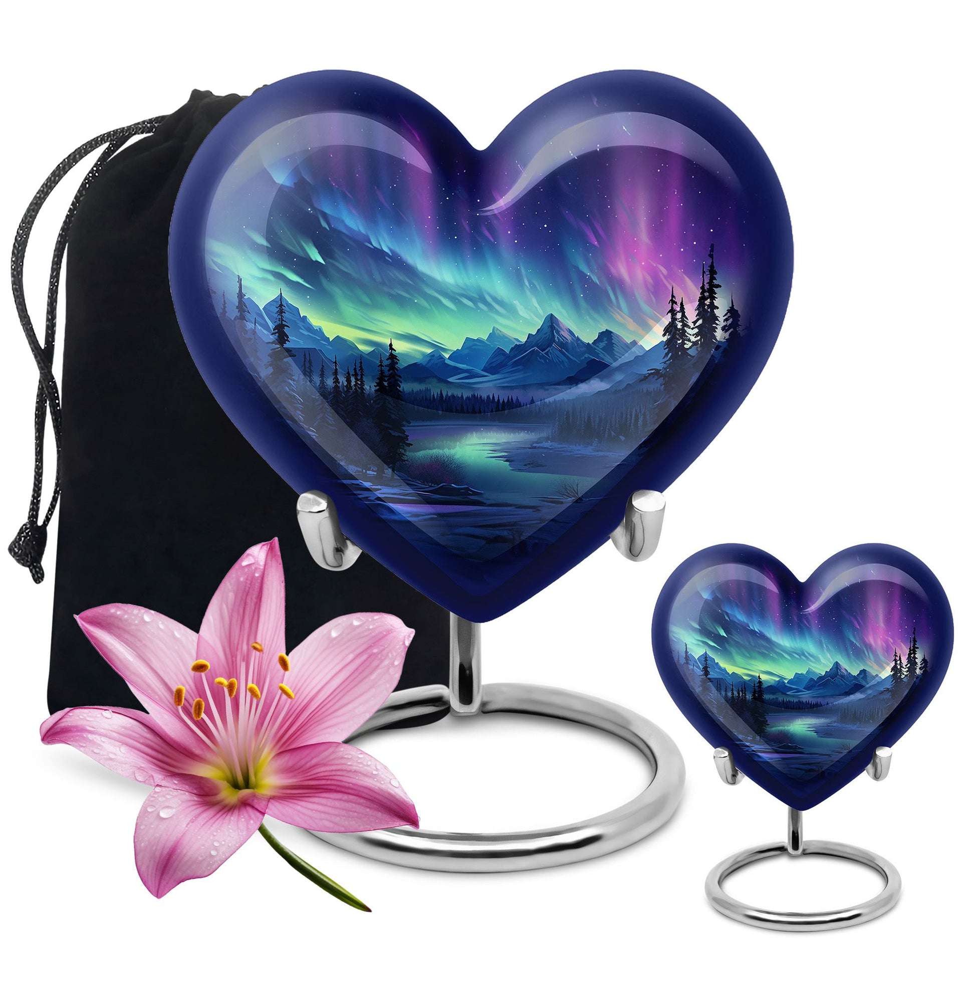 Mountain Lake - Northern Lights Teardrop, Heart Shape Urn