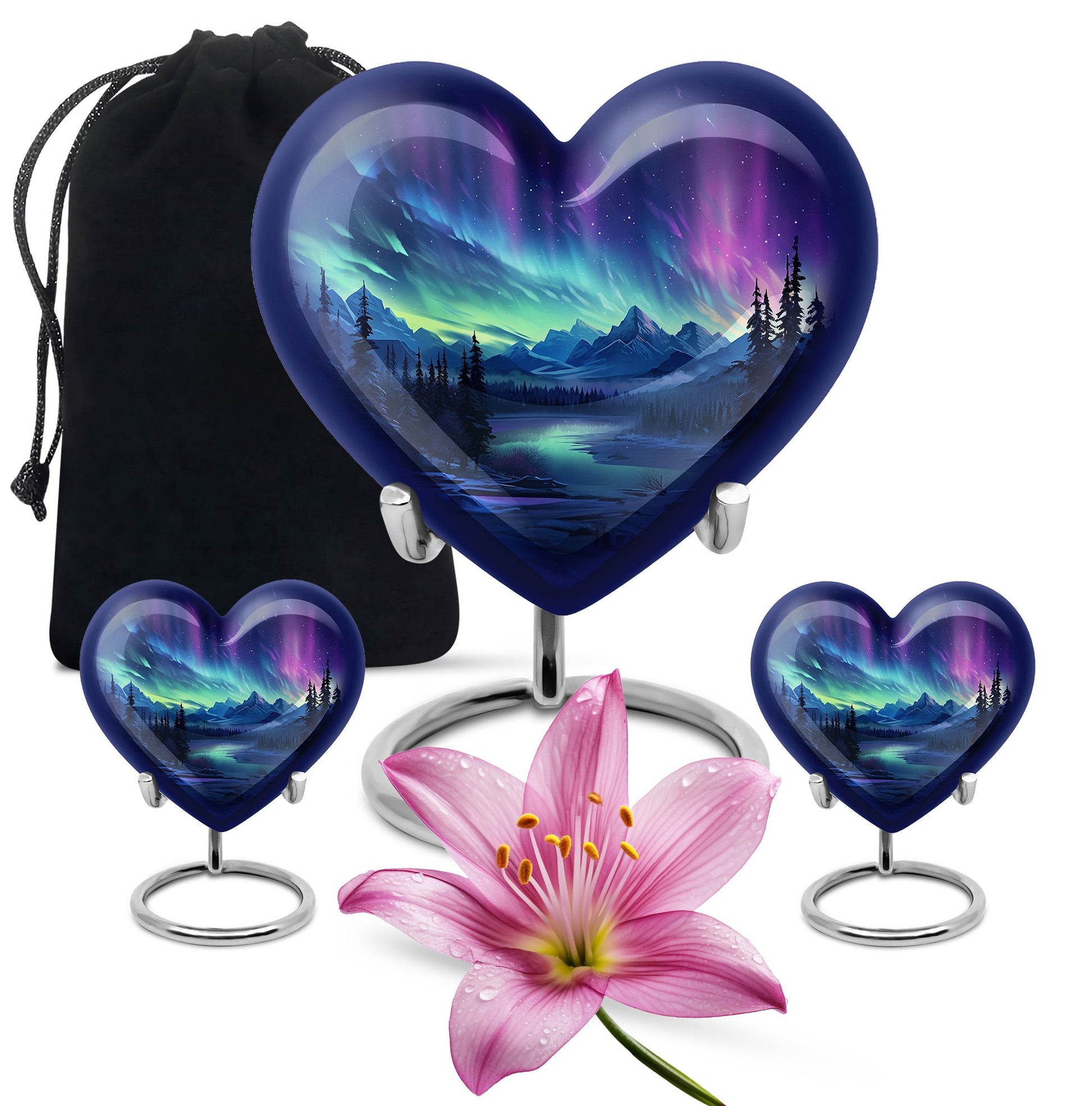 Mountain Lake - Northern Lights Teardrop, Heart Shape Urn