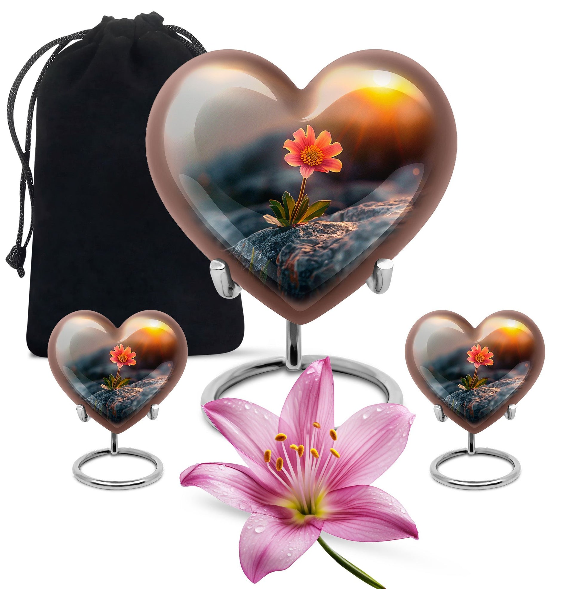 Flower Theme Large Urn With 2 Keepsake Urn