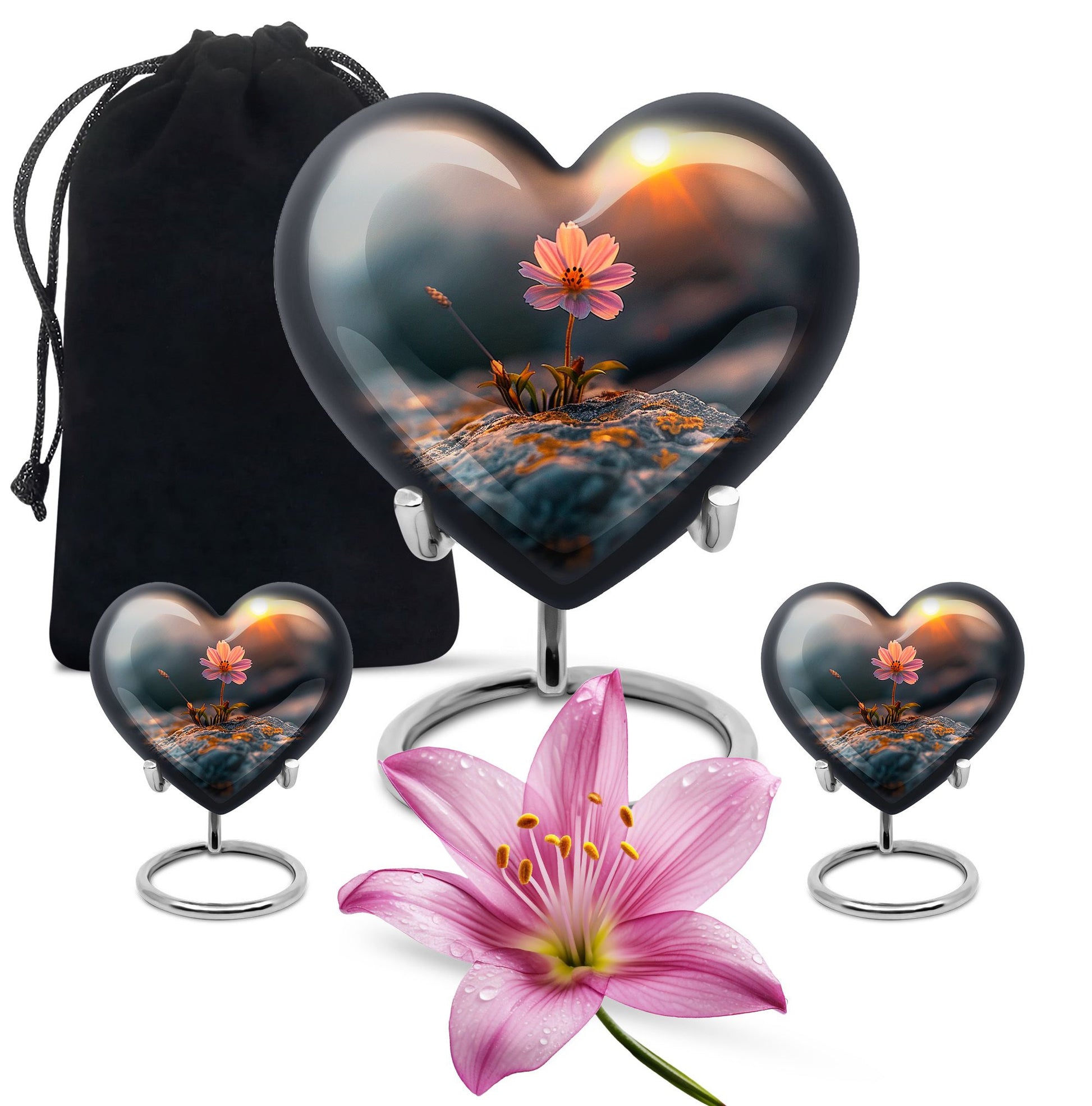 Flower Theme Large Urn With 2 Keepsake Urn