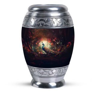 Peacock In A Red Forest - Peacock Urn Teardrop Cremation Urn