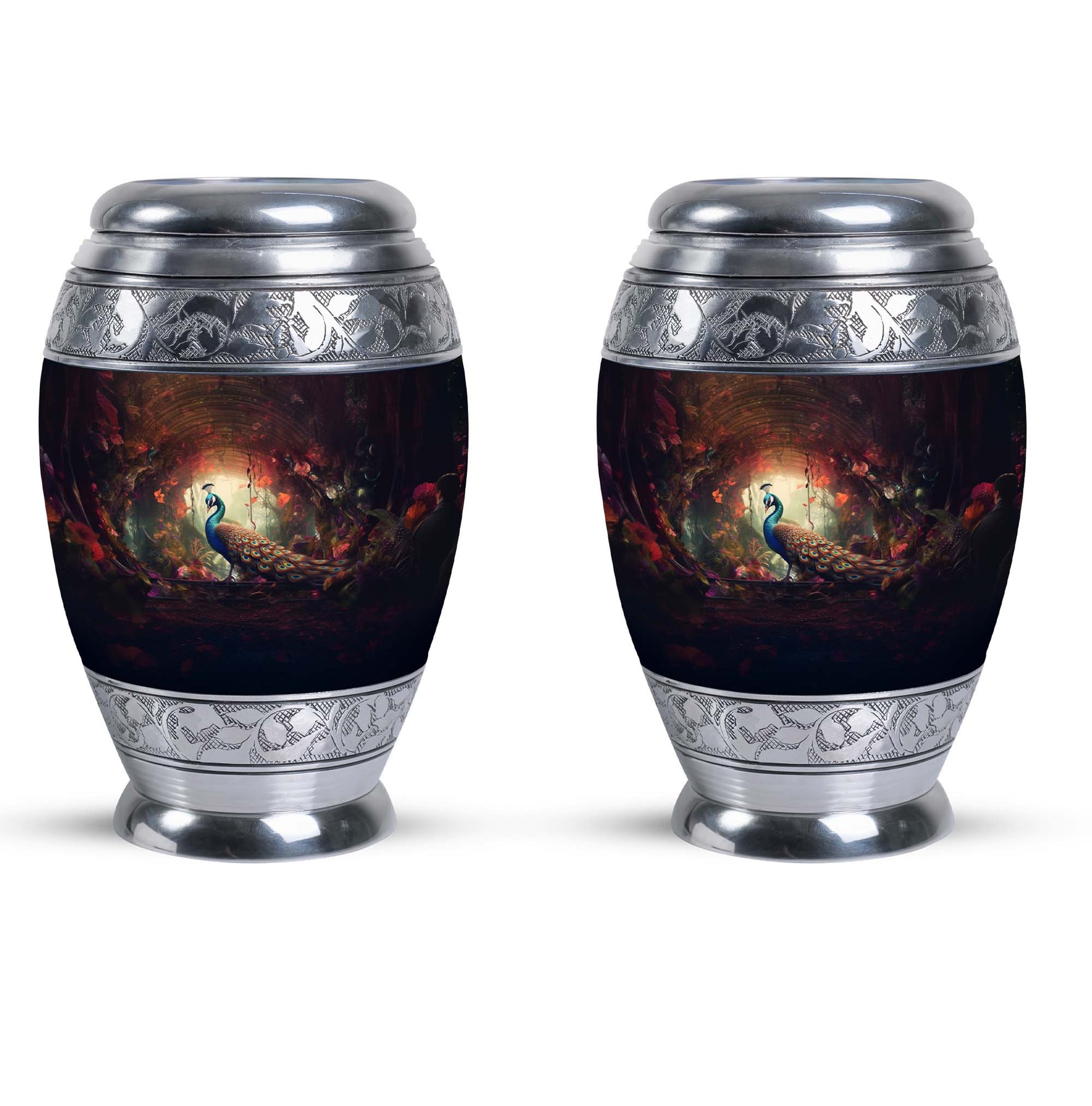 Peacock In A Red Forest - Peacock Urn Teardrop Cremation Urn