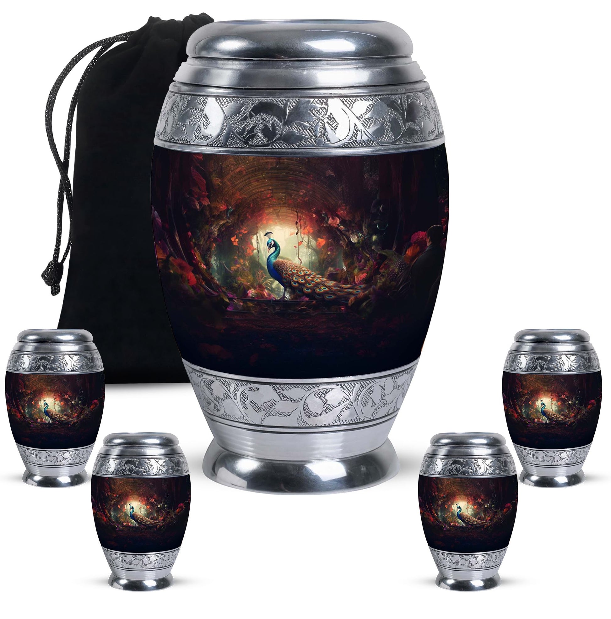 Peacock In A Red Forest - Peacock Urn Teardrop Cremation Urn