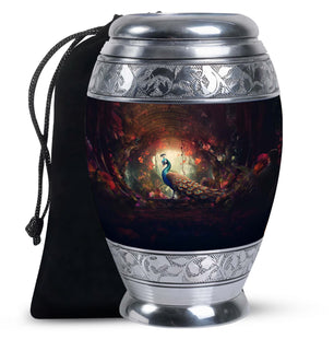 Peacock In A Red Forest - Peacock Urn Teardrop Cremation Urn