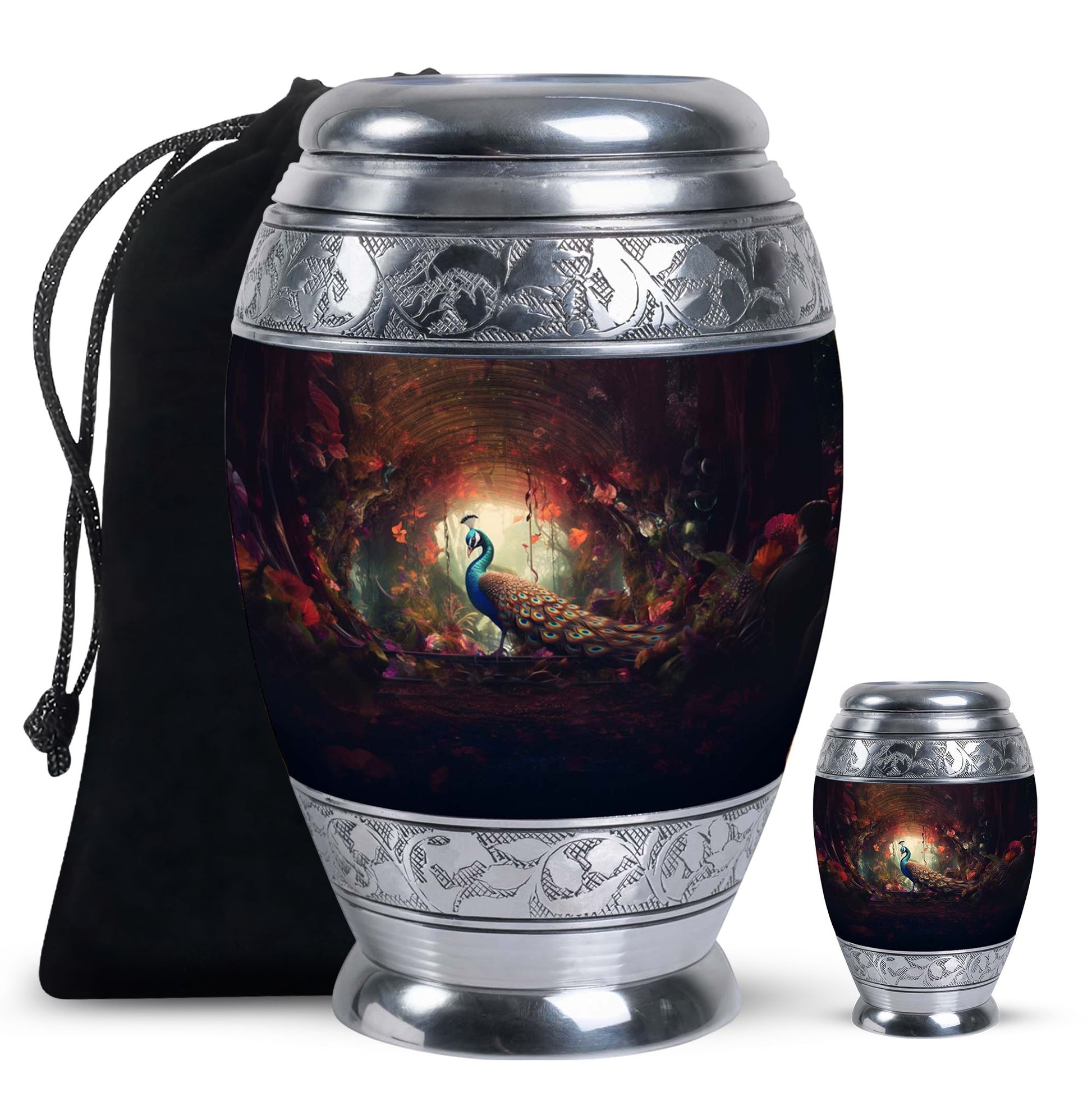 Peacock In A Red Forest - Peacock Urn Teardrop Cremation Urn