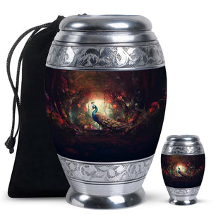 Peacock In A Red Forest - Peacock Urn Teardrop Cremation Urn